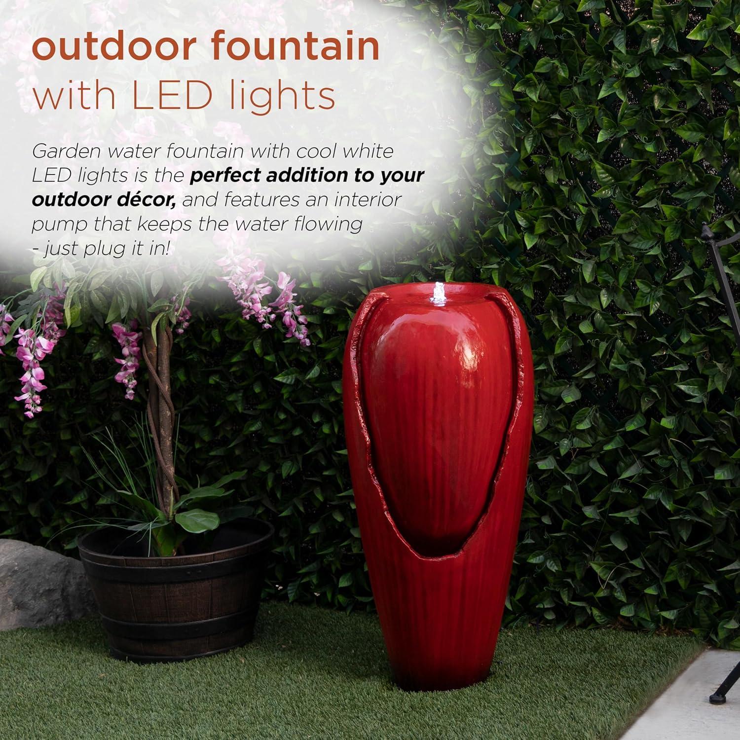 Alpine Corporation DIG100XS-RD Outdoor Floor Antique Jar Water Fountain with LED Lights, Vintage Light Waterfall, 33", Red