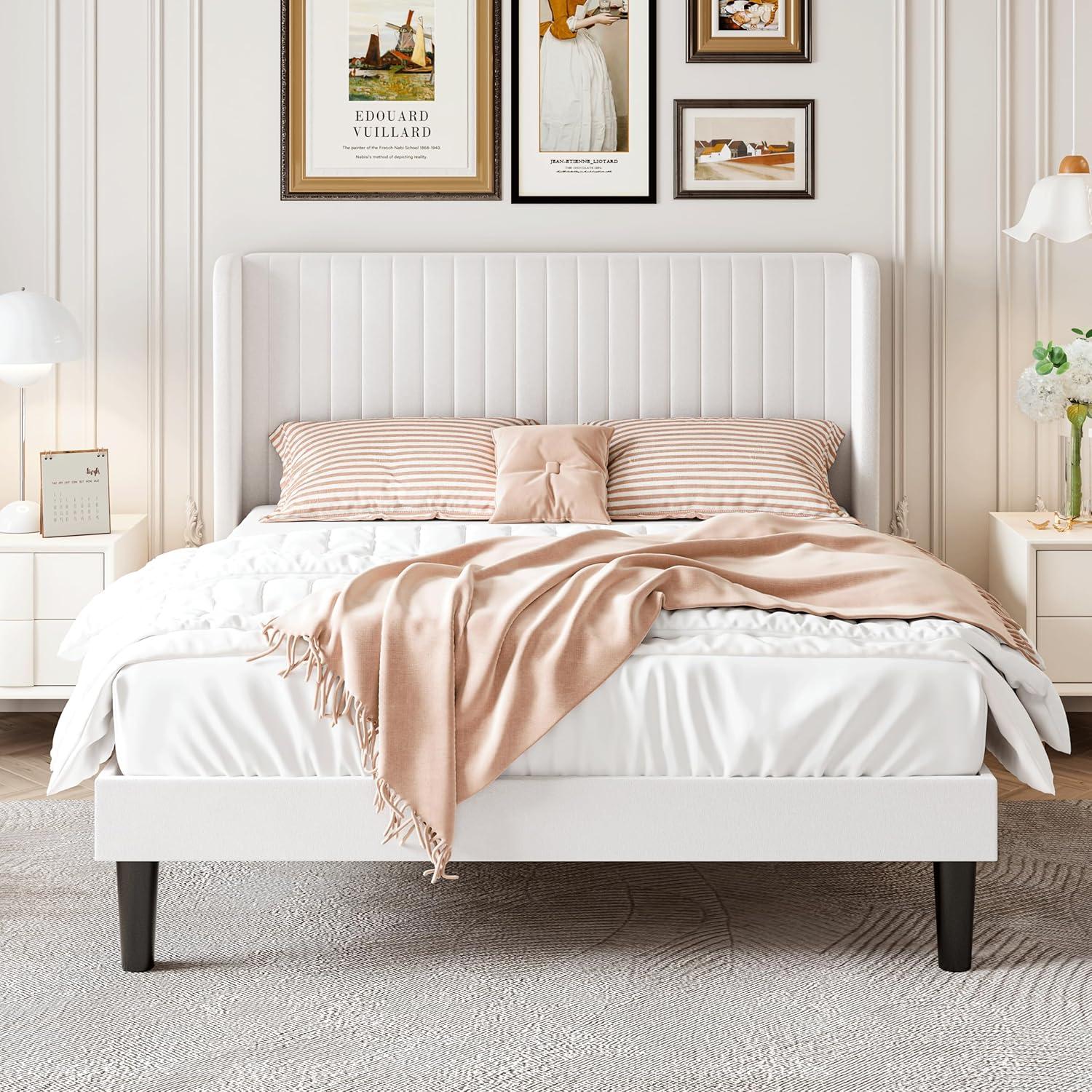 White Velvet Upholstered Queen Bed Frame with Tufted Headboard