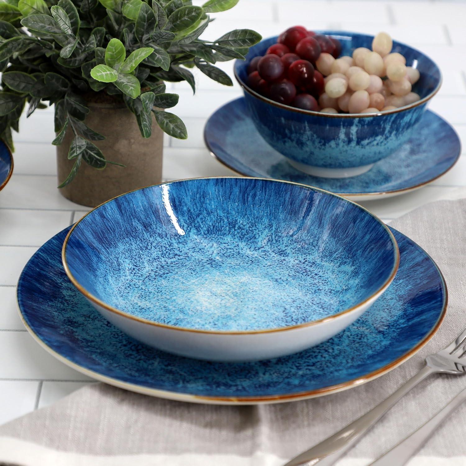 Elama Oceanus 16 Piece Porcelain Double Bowl Dinnerware Set in Blue