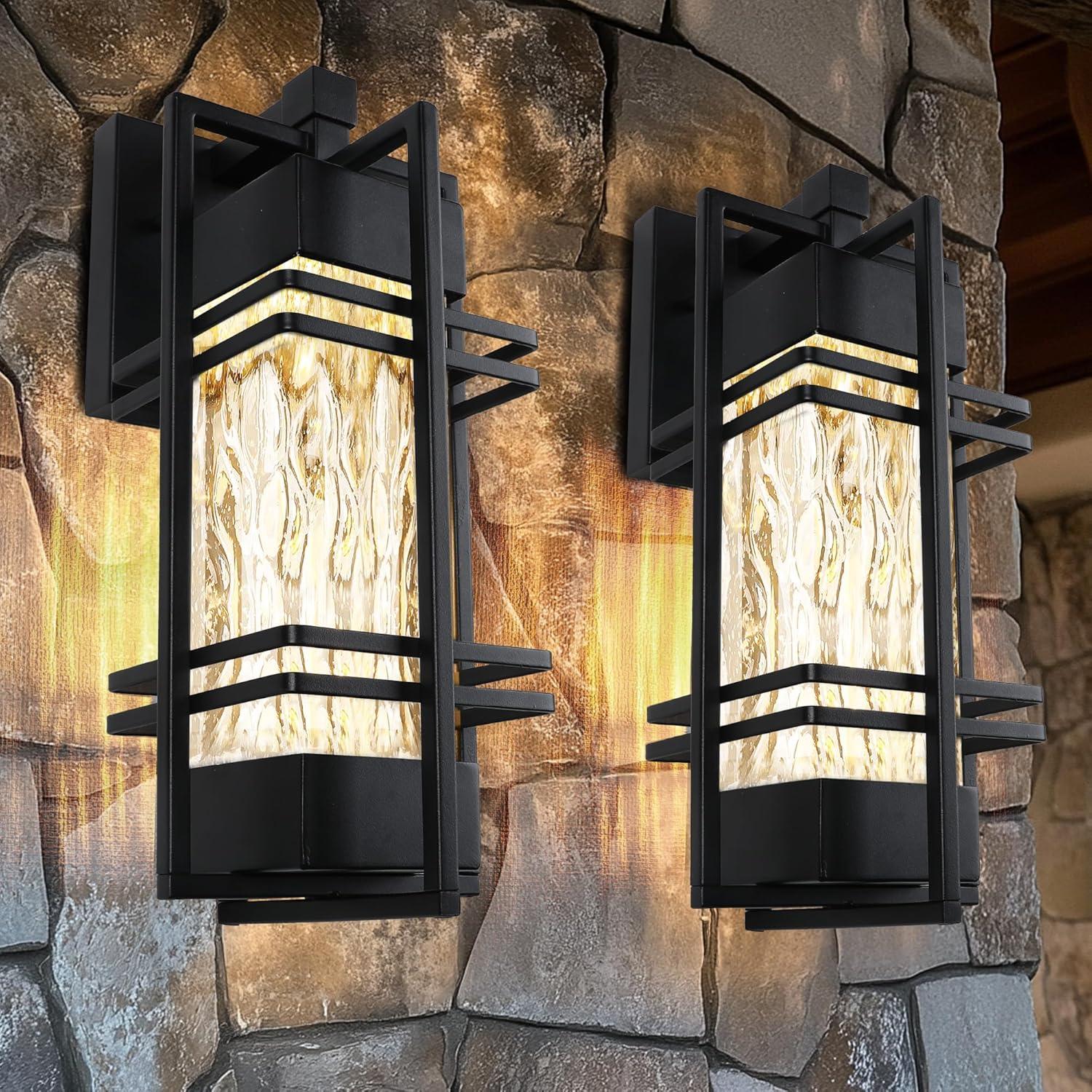 Black Modern Outdoor Wall Lanterns with Tempered Glass Shade, 9.76''