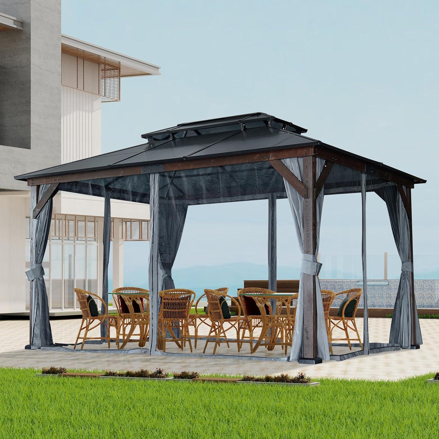 Large Brown and Black Solid Wood Gazebo with Polycarbonate Roof
