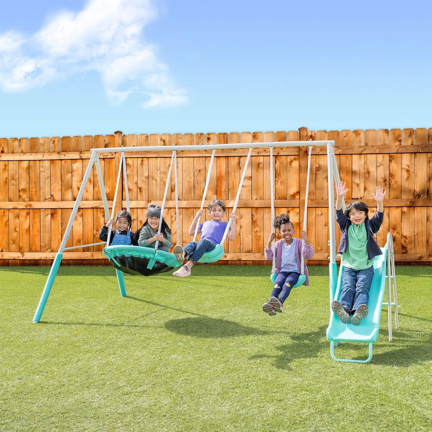 Sportspower Super Saucer Metal Swing Set with 2 Swings, Saucer Swing, & 5' Double Wall Slide with Lifetime Warranty