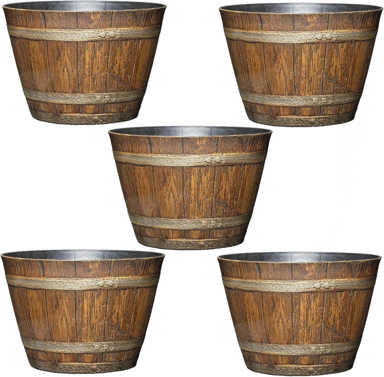Classic Home and Garden 5pc Whiskey Barrel Planter Pot Distressed Oak: UV Protected, High Density Resin, Indoor/Outdoor Use