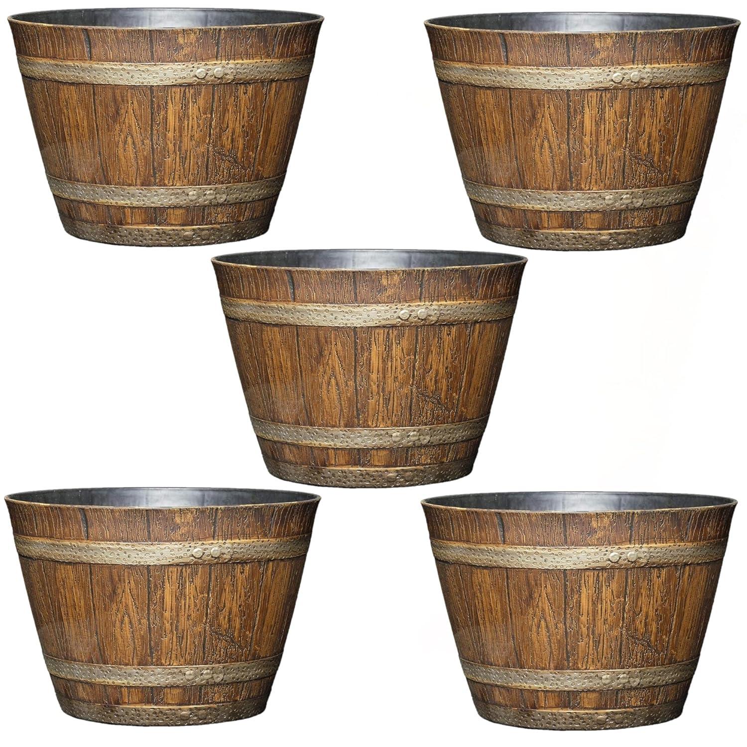 Classic Home and Garden 5pc Whiskey Barrel Planter Pot Distressed Oak: UV Protected, High Density Resin, Indoor/Outdoor Use