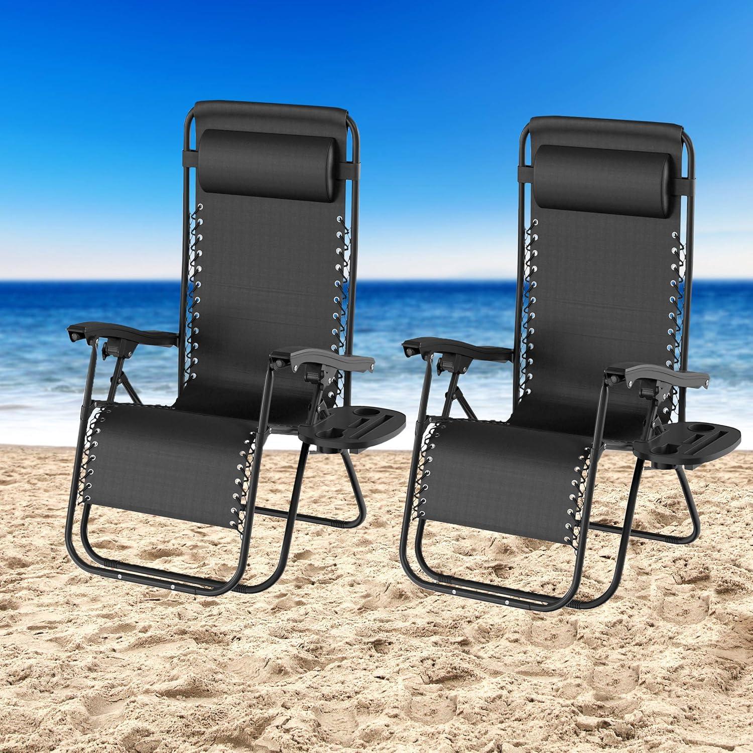 Set of 2 Zero Gravity Outdoor Chairs with Side Tables, Cupholders, Phone, and Tablet Holder and Chair Pillow by Lavish Home, Black