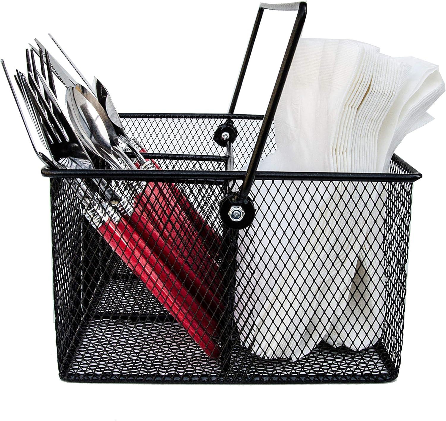 Utensil Caddy -Silverware Caddy for Parties, Spoon Holder, Buffet Organizer for Condiments, Napkin, Forks, Knives -Stainless Steel Flatware Caddy for Home, Picnics or Entertaining Evens (Black)