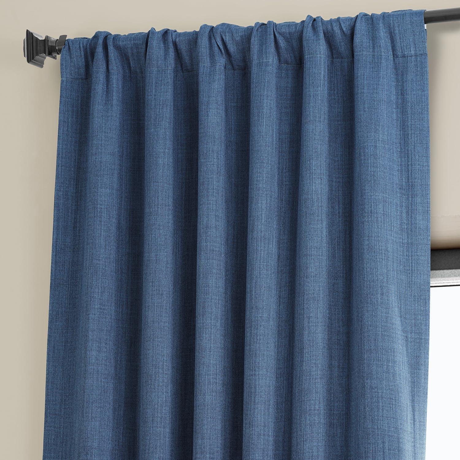 Extra Long Blue Faux Linen Blackout Drapes