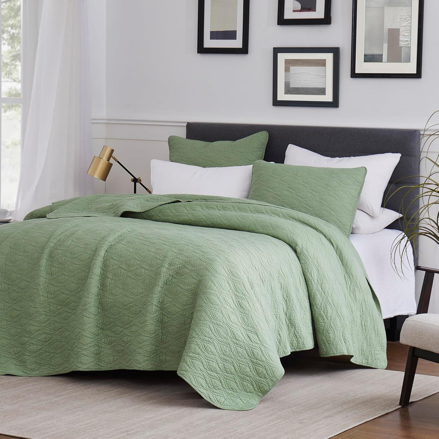 Sage Green Cotton King Size Quilted Bedspread Set