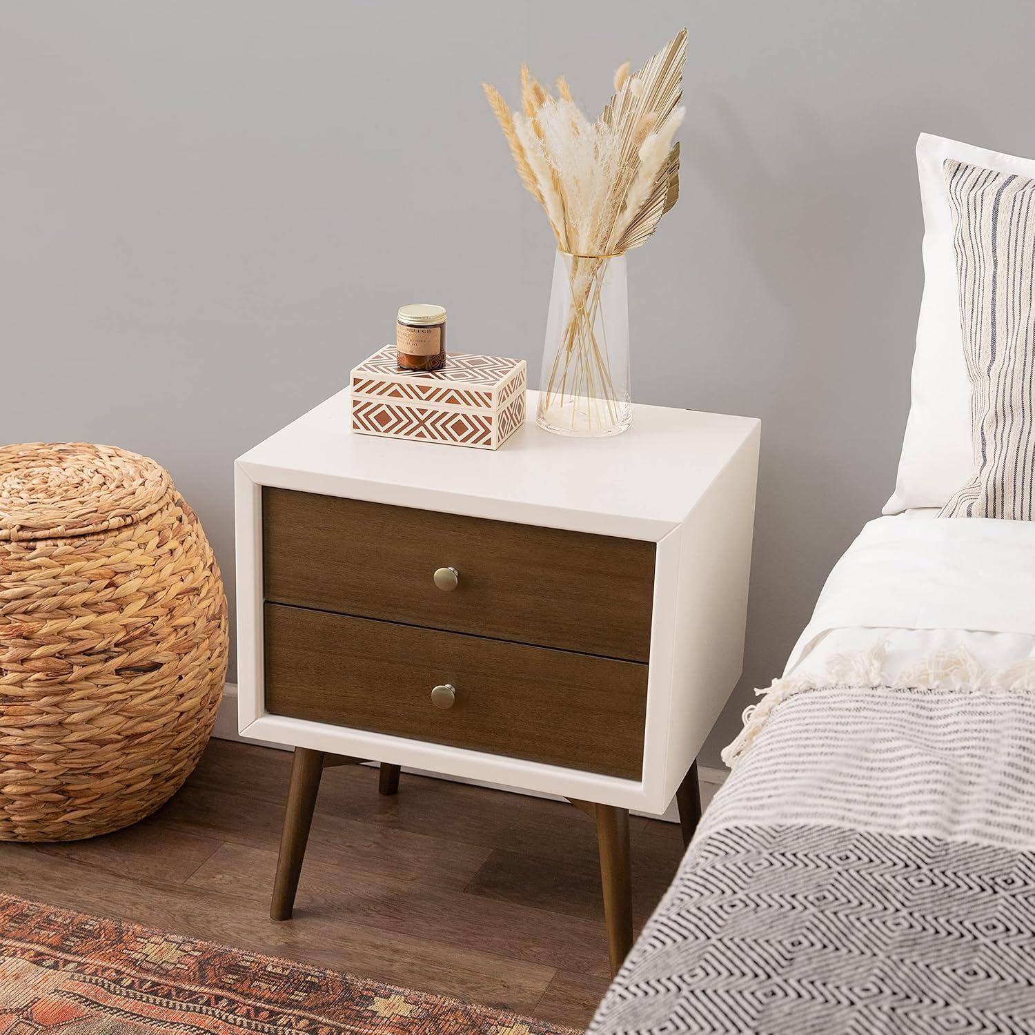 Palma Mid-Century Modern 2-Drawer Warm White/Walnut Nightstand with USB Port