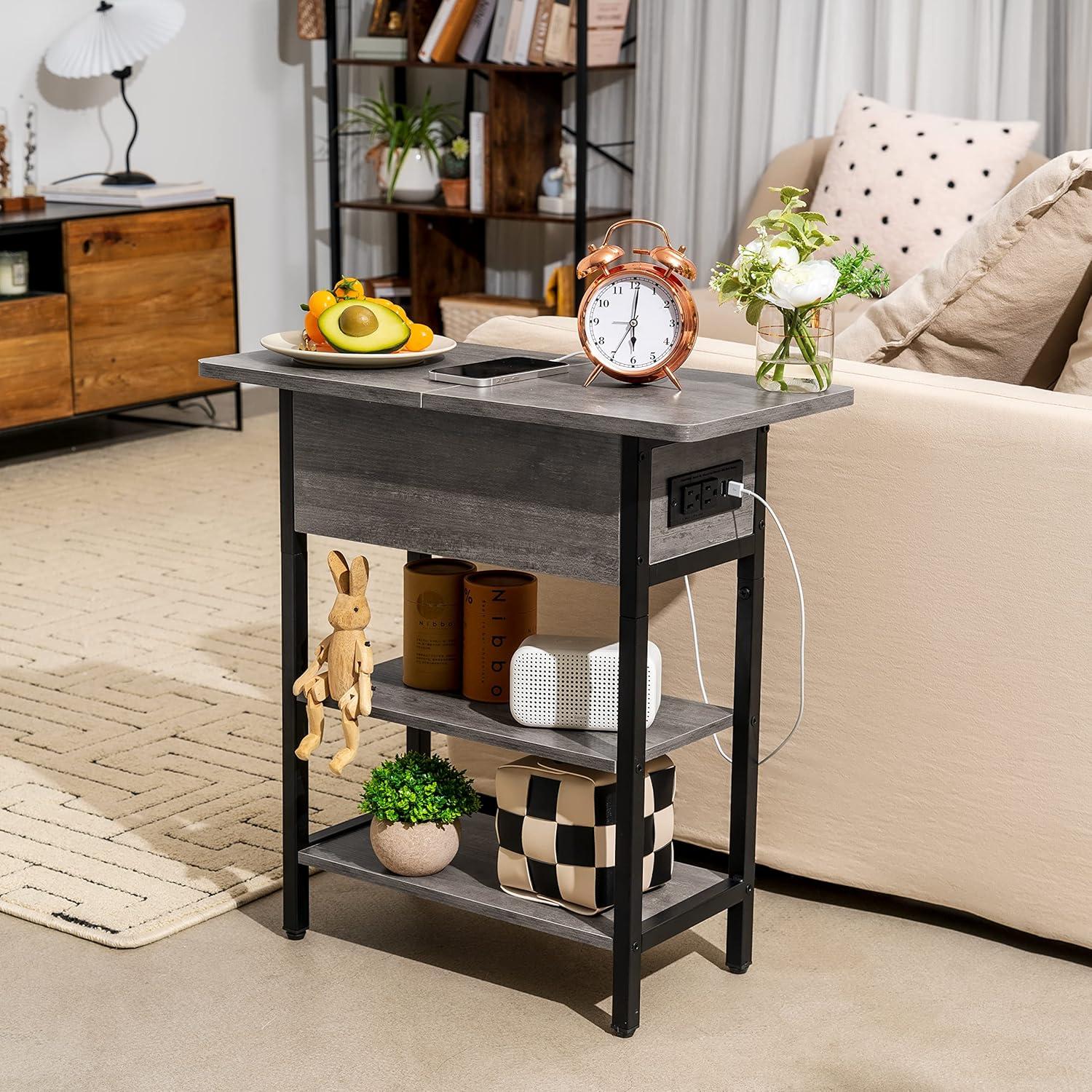 End Table with Charging Station, Flip Top Side Table with USB Ports and Outlets, Sofa Couch Table Bedside Table for Living Room Bedroom, Narrow Nightstand with Storage Shelves for Small Space,Grey