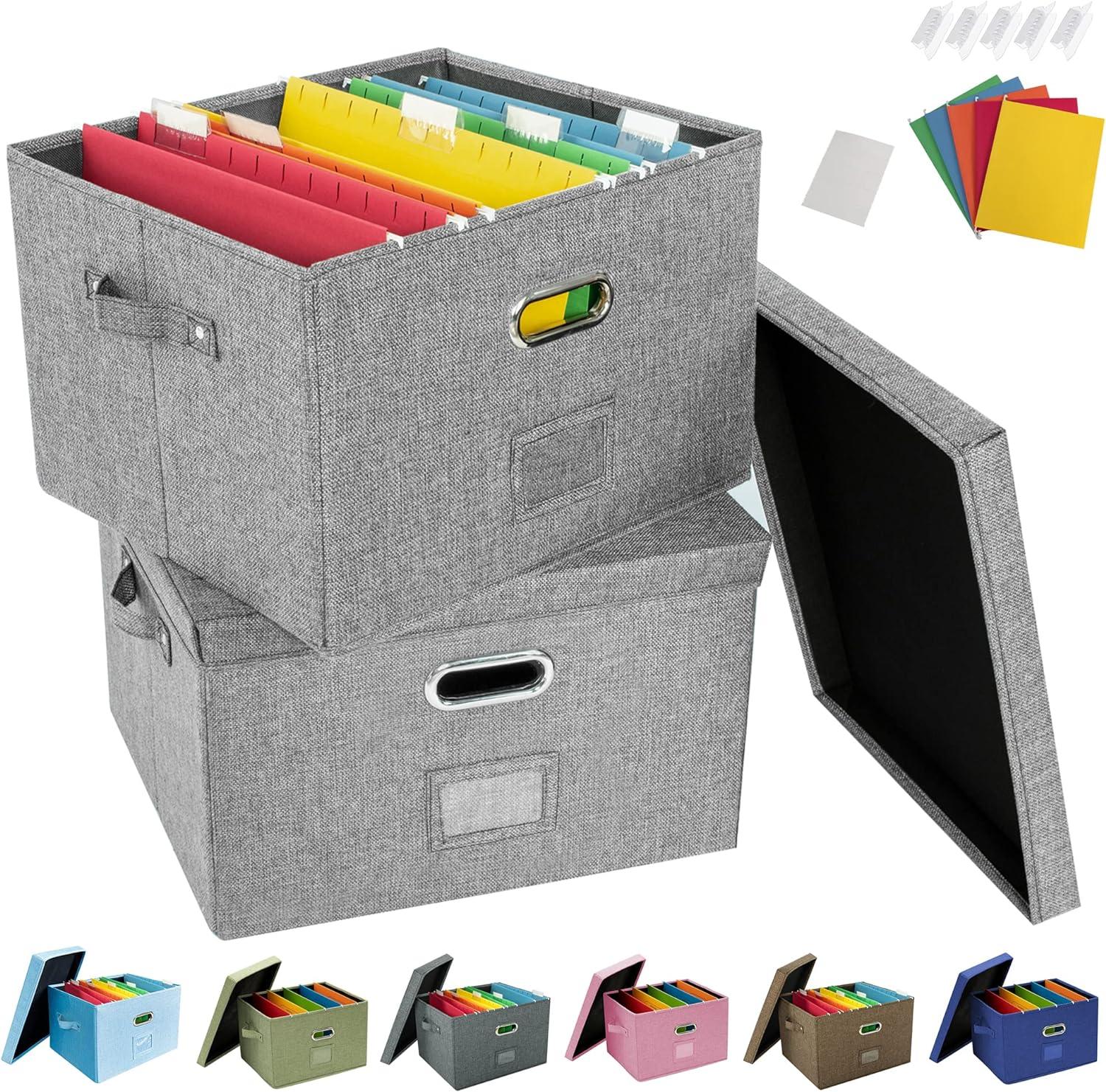 Gray Linen Collapsible File Box with Hanging Folders