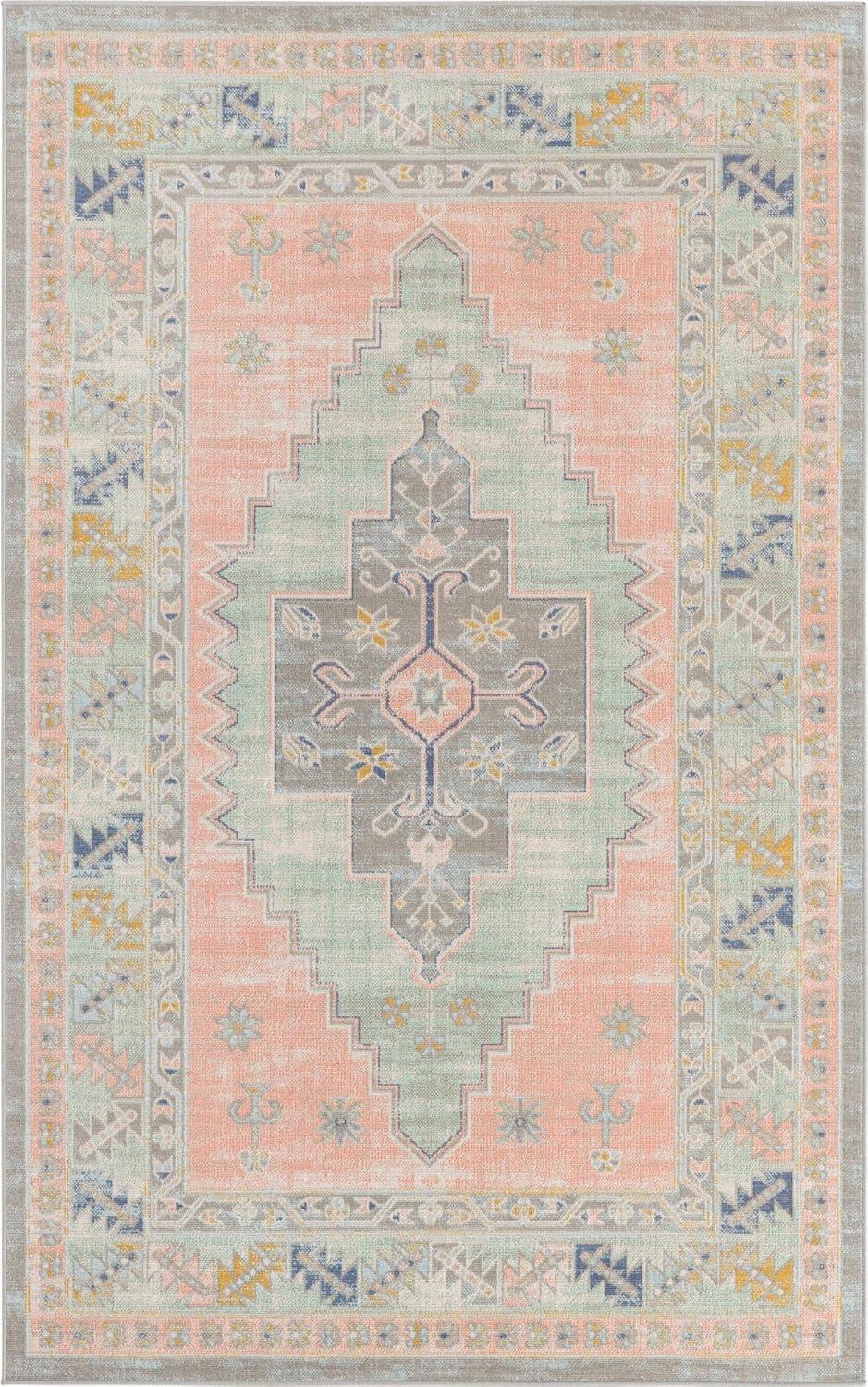 Whitney Pink Rectangular Synthetic Medallion Area Rug, 5x8 ft