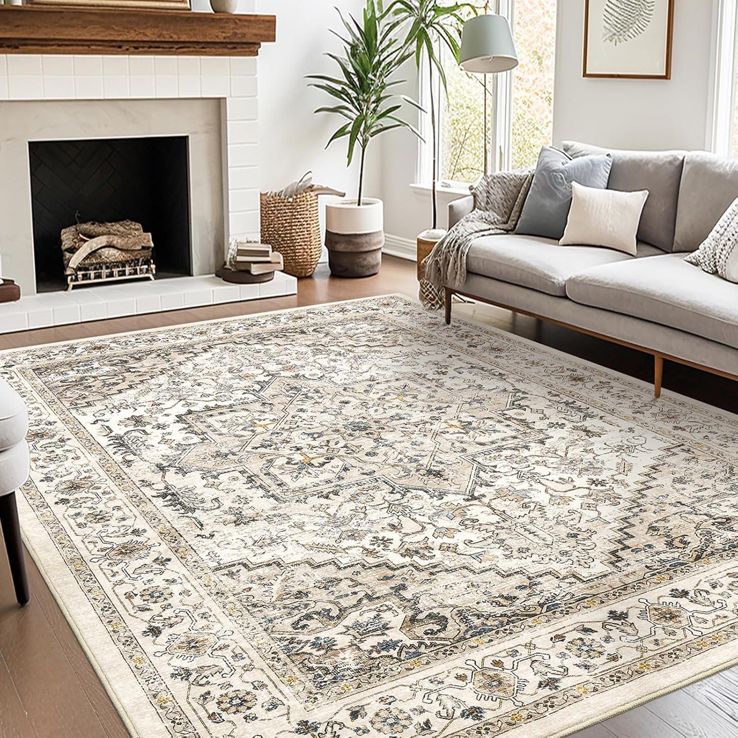 Gray and Brown Floral Synthetic 8' x 10' Washable Area Rug