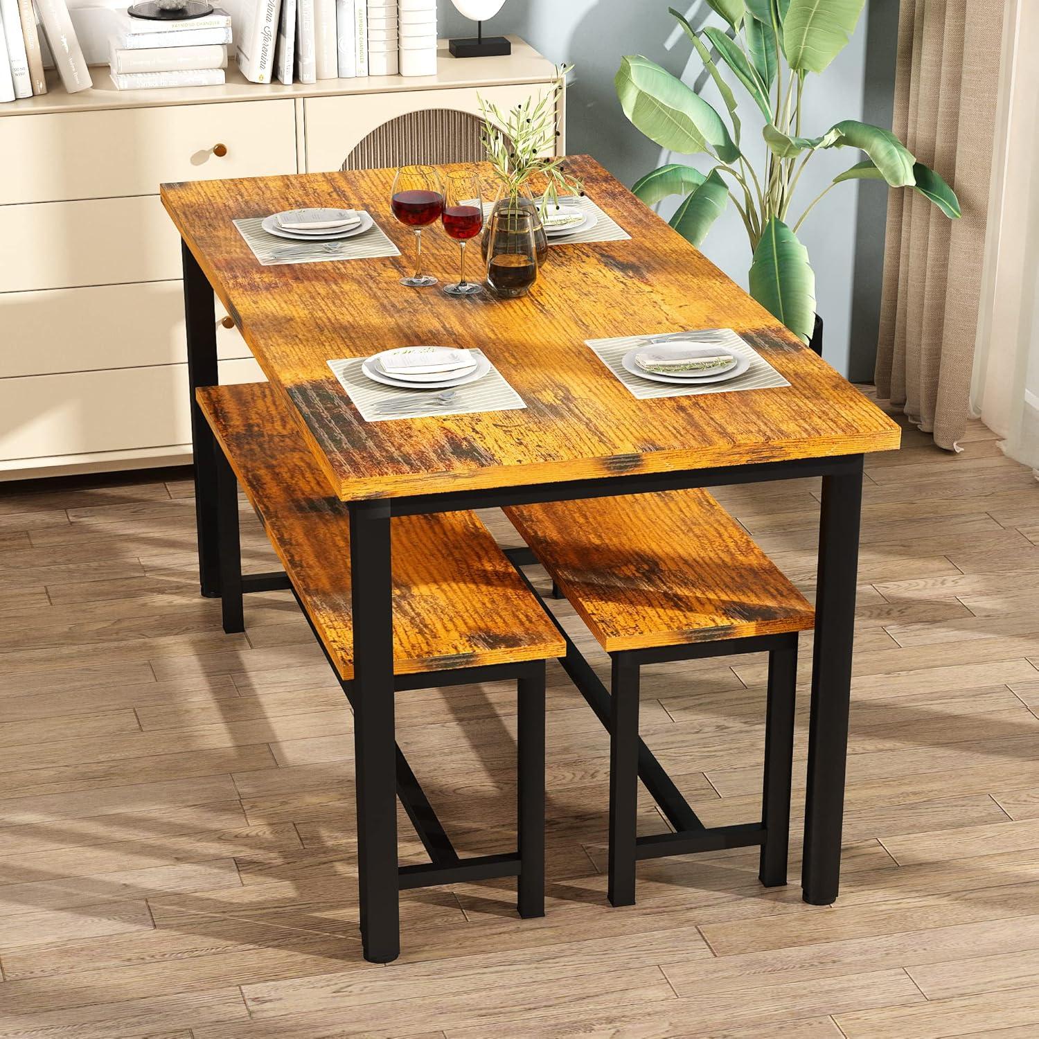 Rustic Brown Engineered Wood Dining Table Set with Benches