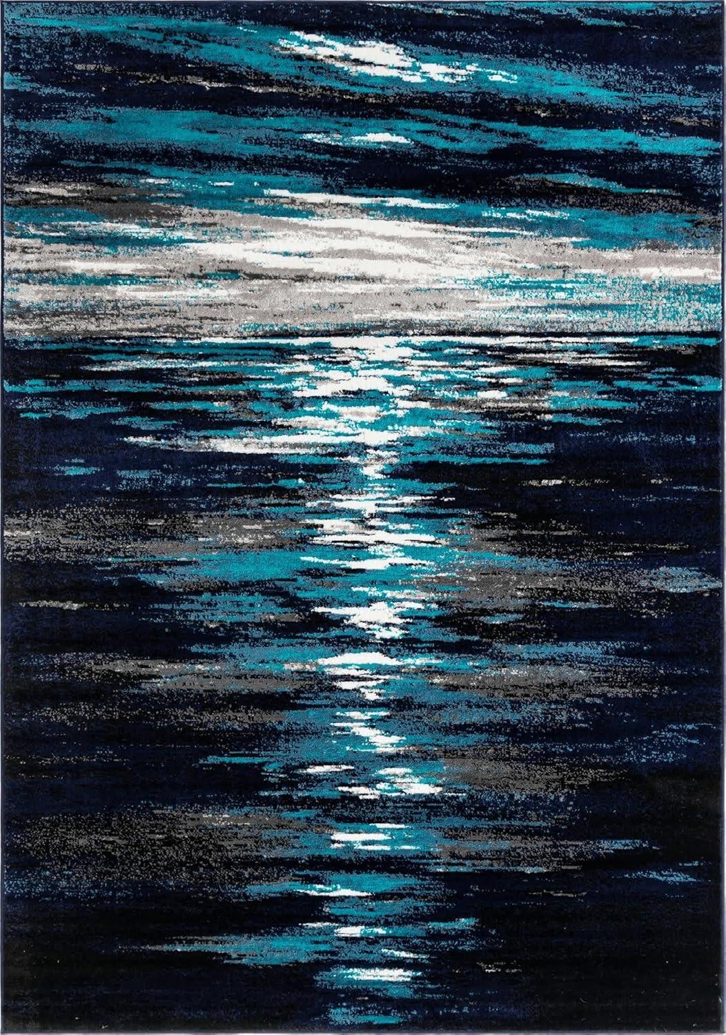 Navy Blue Abstract Rectangular Synthetic Indoor Rug, 7x10 ft