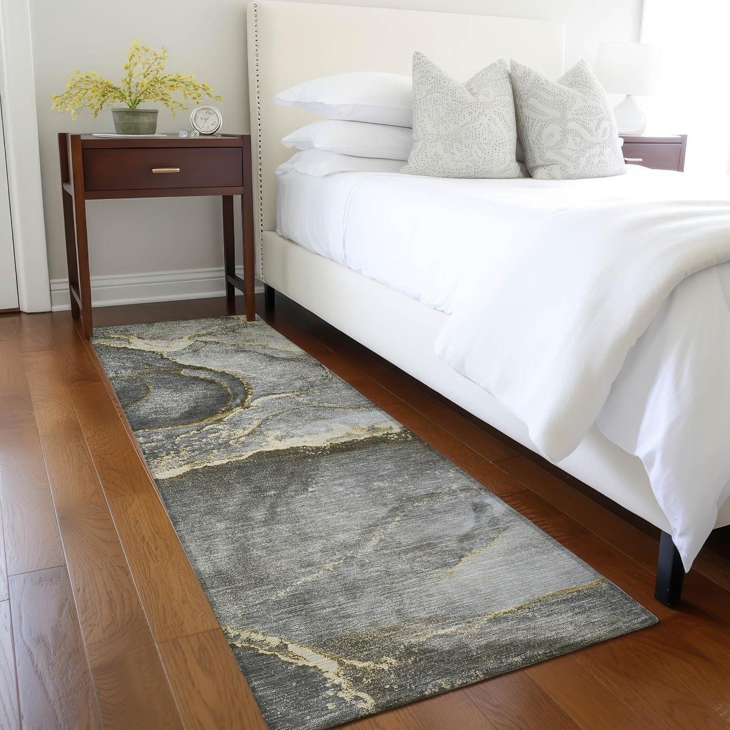 Gold and Gray Abstract Machine-Washable Runner Rug