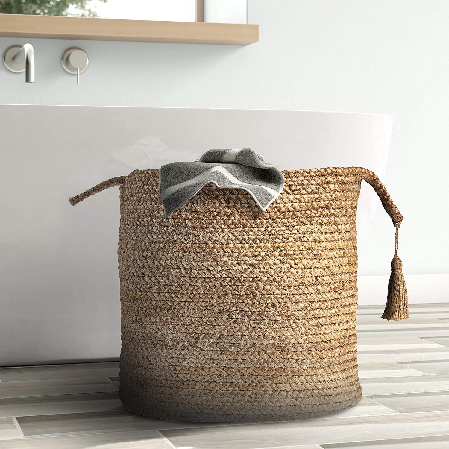 LR Home Braided Round Jute 17" Storage Basket with Handles, Natural/Tan Solid
