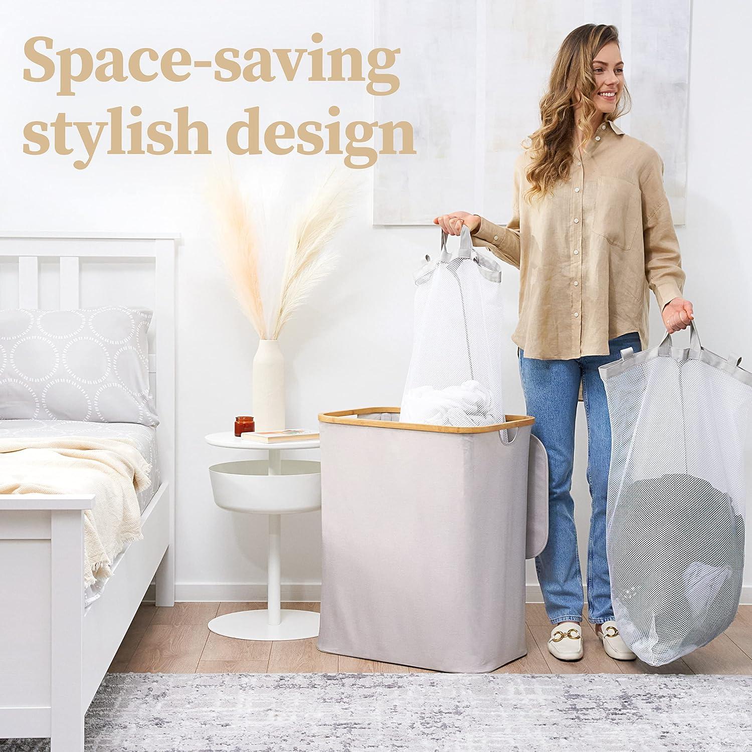 Hennez® Double Laundry Hamper with Lid, 2x Removable Bags, Thic Fabric, Bamboo Hamper 140Liter - 36gal - Light Gray