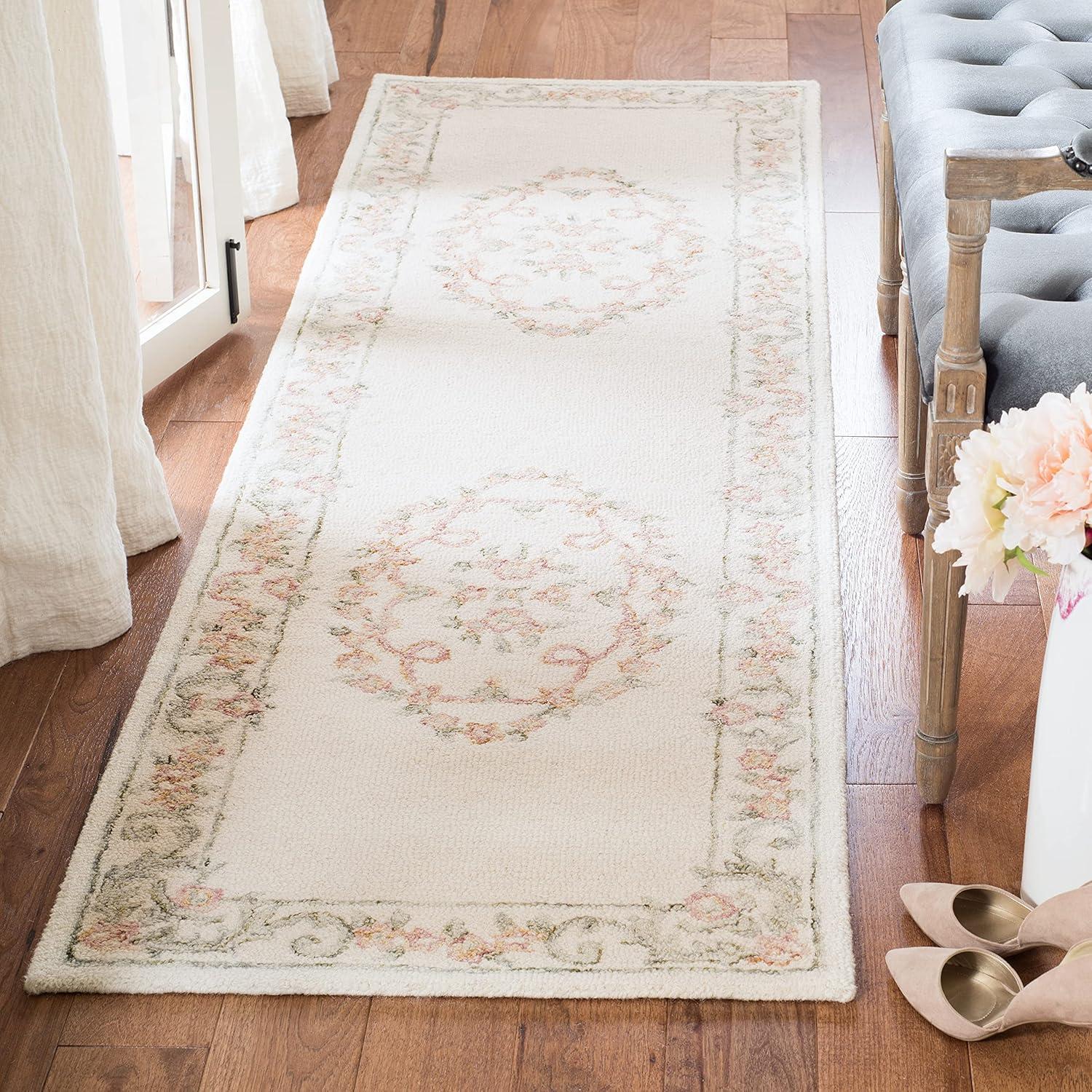 Ivory and Pink Handmade Wool Medallion Runner Rug