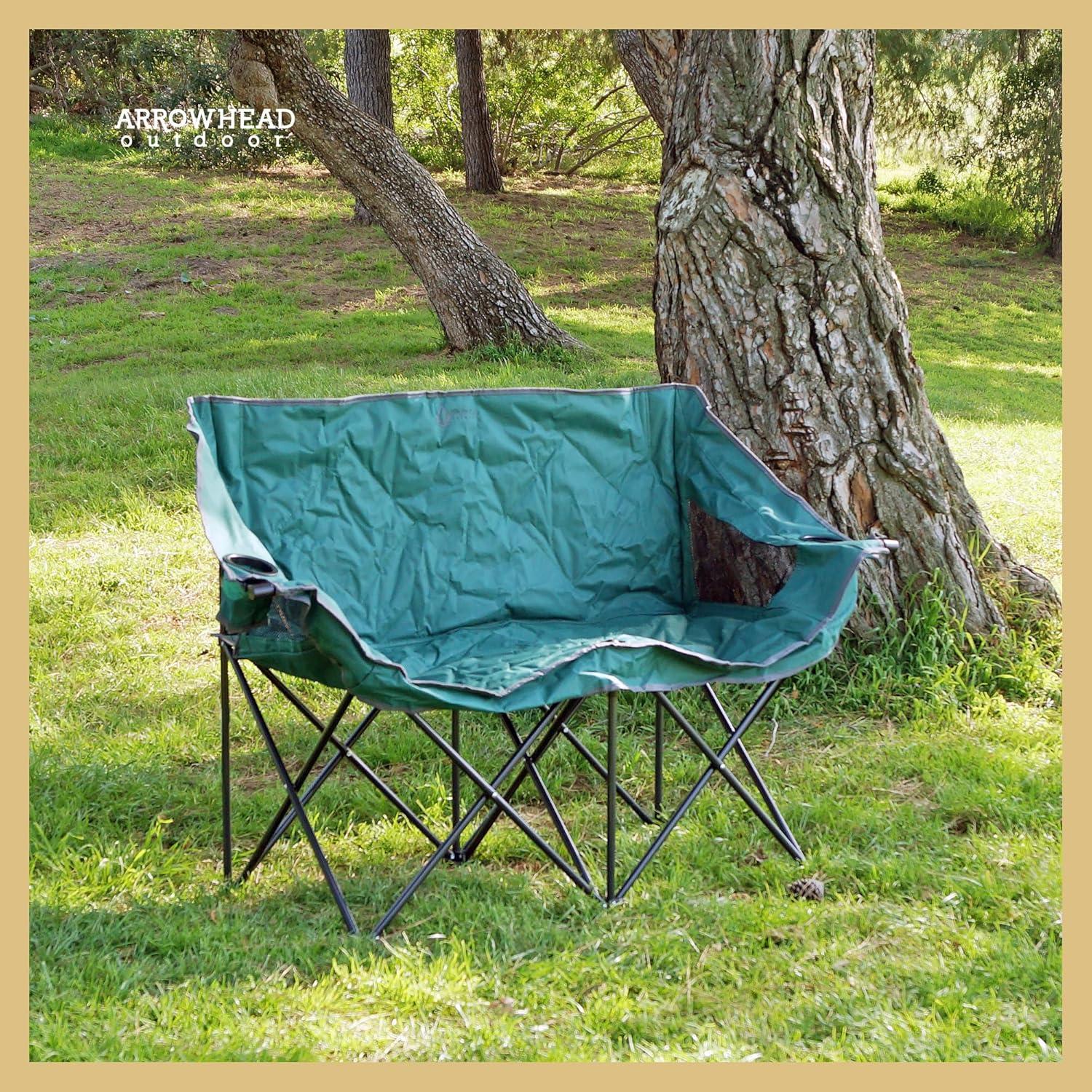 Arrowhead Outdoor Portable Folding Double Duo Camping Chair Loveseat Couch w/ 2 Cup & Wine Glass Holder, Supports up to 500lbs (Forest Green)