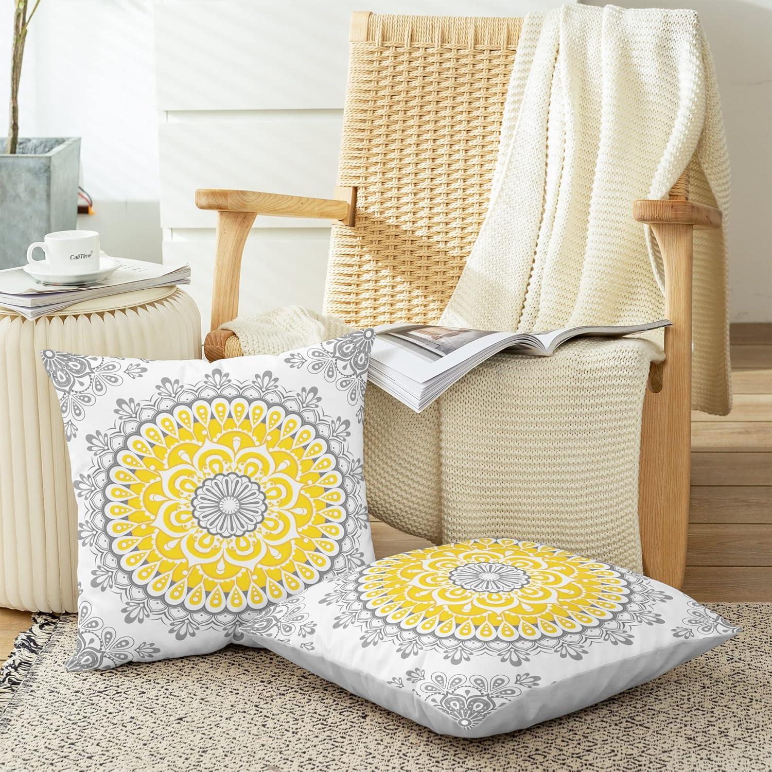 CaliTime Throw Pillow Covers Pack of 2 Cozy Fleece Mandala Dahlia Floral Medallion Compass Style Cushion Cases for Couch Bed Sofa Farmhouse Decoration 18 X 18 Inches Yellow Grey