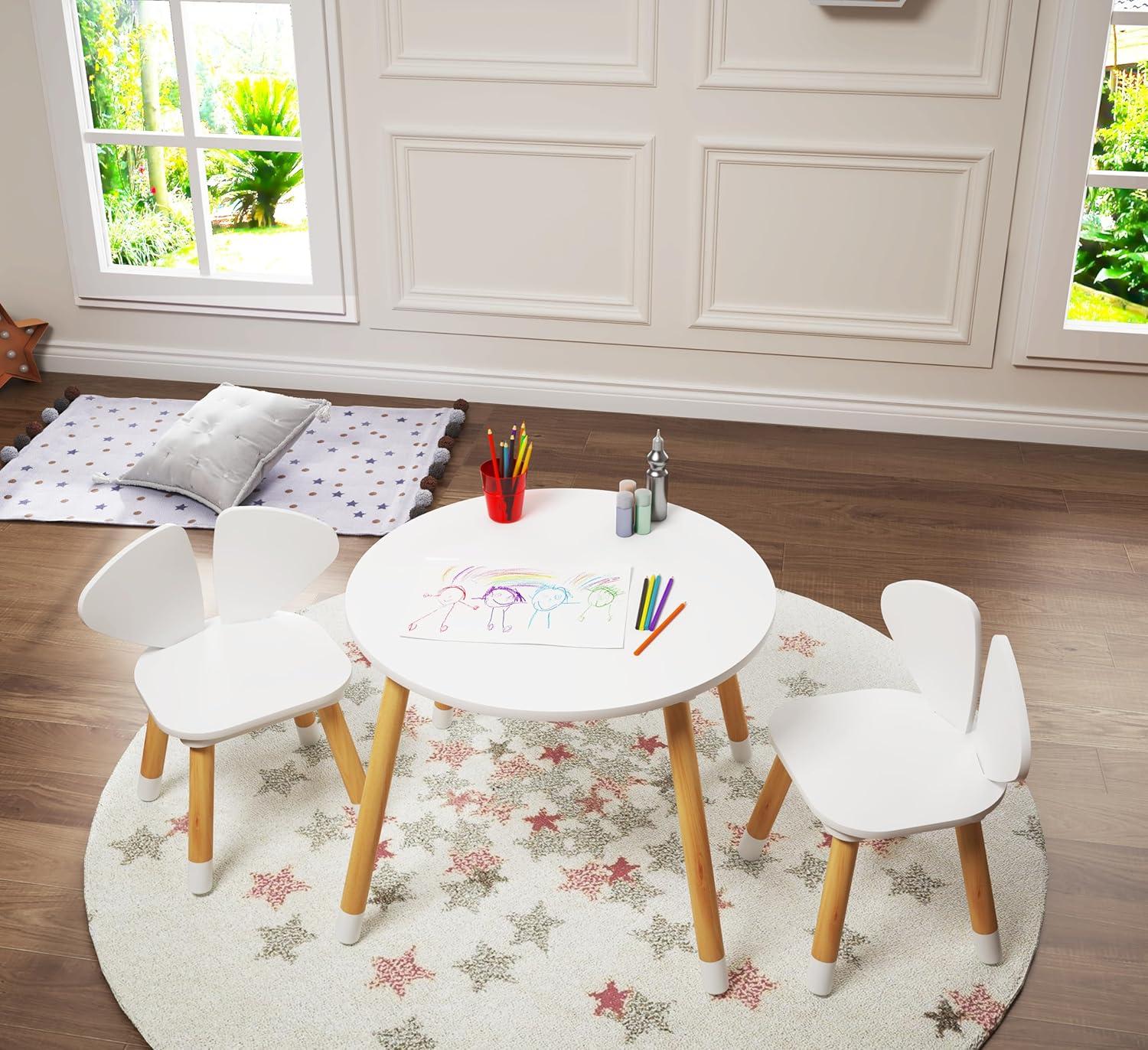 White Wooden Kids Round Table with Bear Chairs, 3-Piece Set