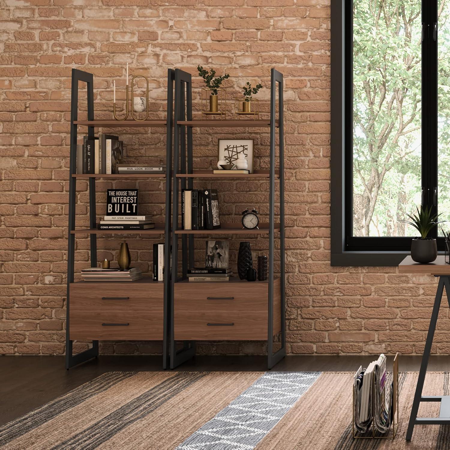 Simpli Home Sawhorse Modern Industrial and Metal Ladder Shelf with Storage in Walnut