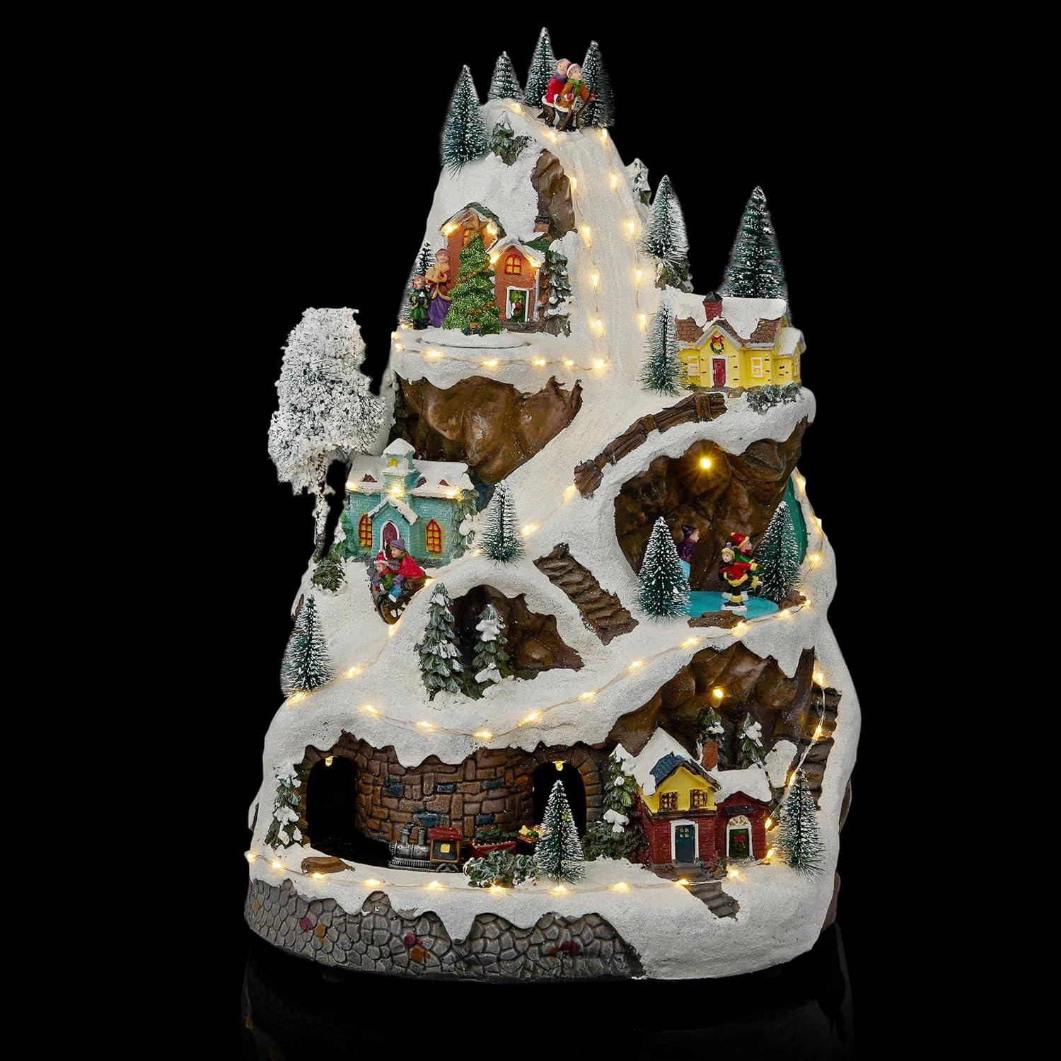 18-Inch Snowy Mountain Village with LED Lights and Music