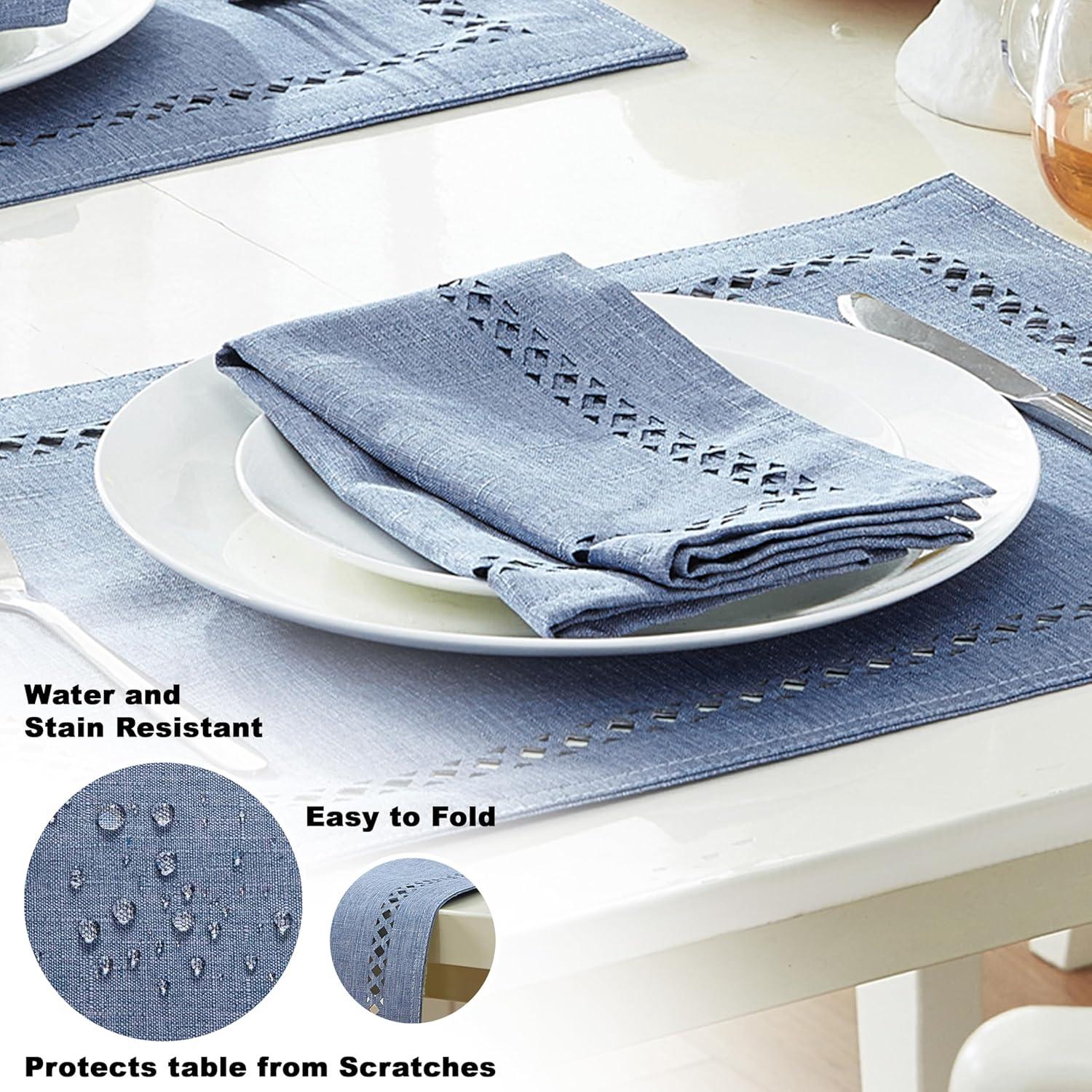 Wedgewood Blue Square Polyester Napkins Set with Lattice Cutwork