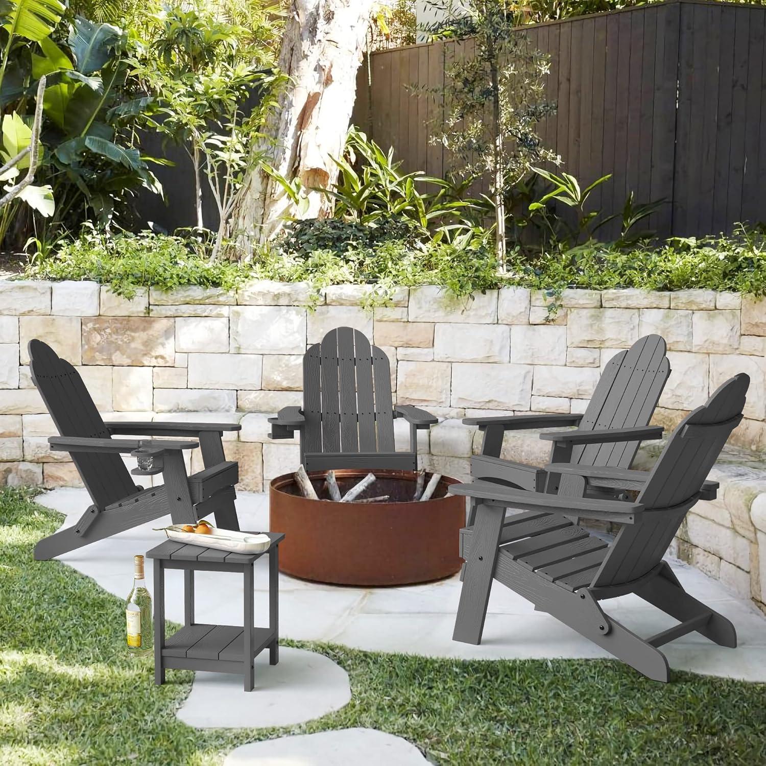 Dark Gray Folding Adirondack Chair Set with Cup Holder, 4-Piece