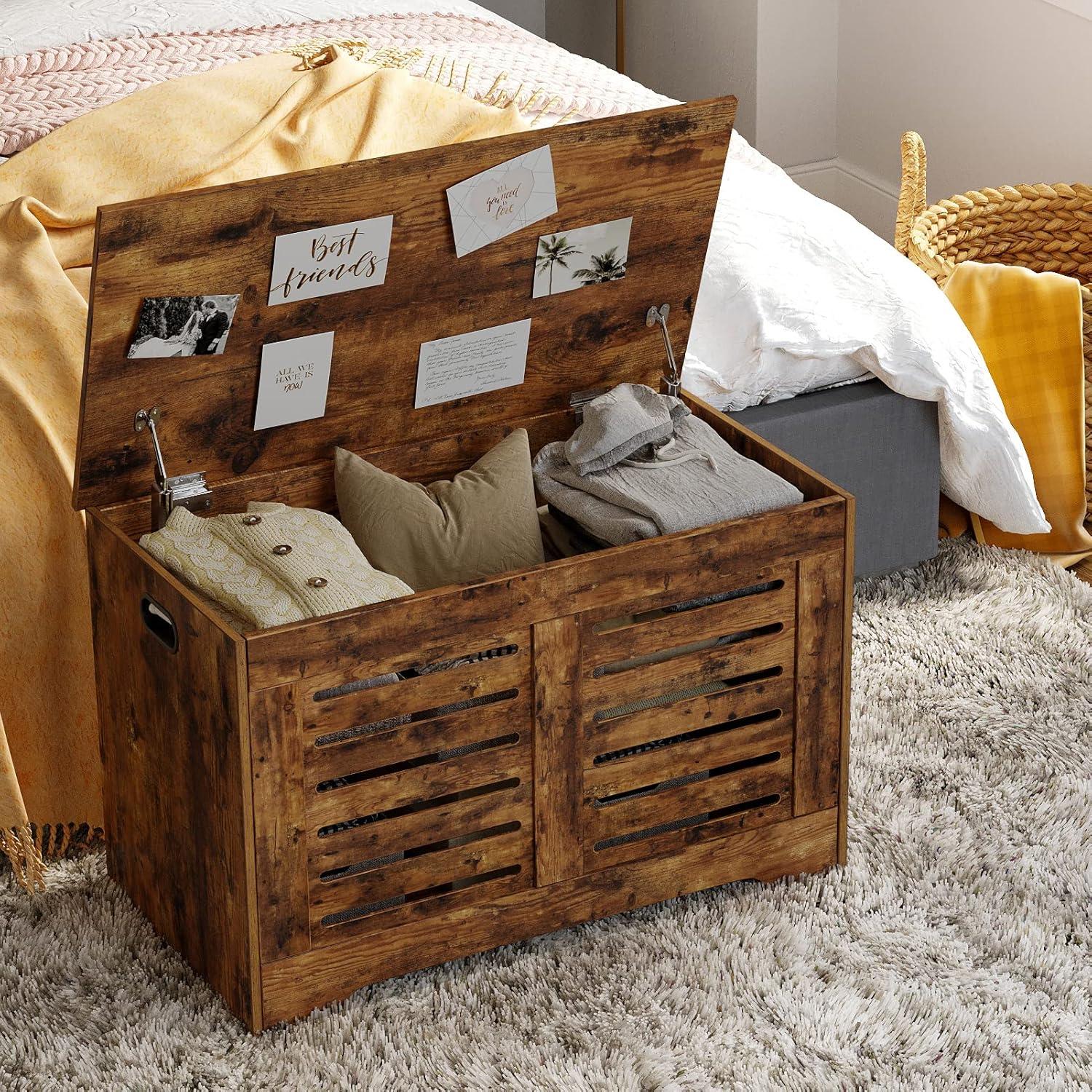 Rustic Brown Wooden Flip-Top Storage Chest with Safety Hinges