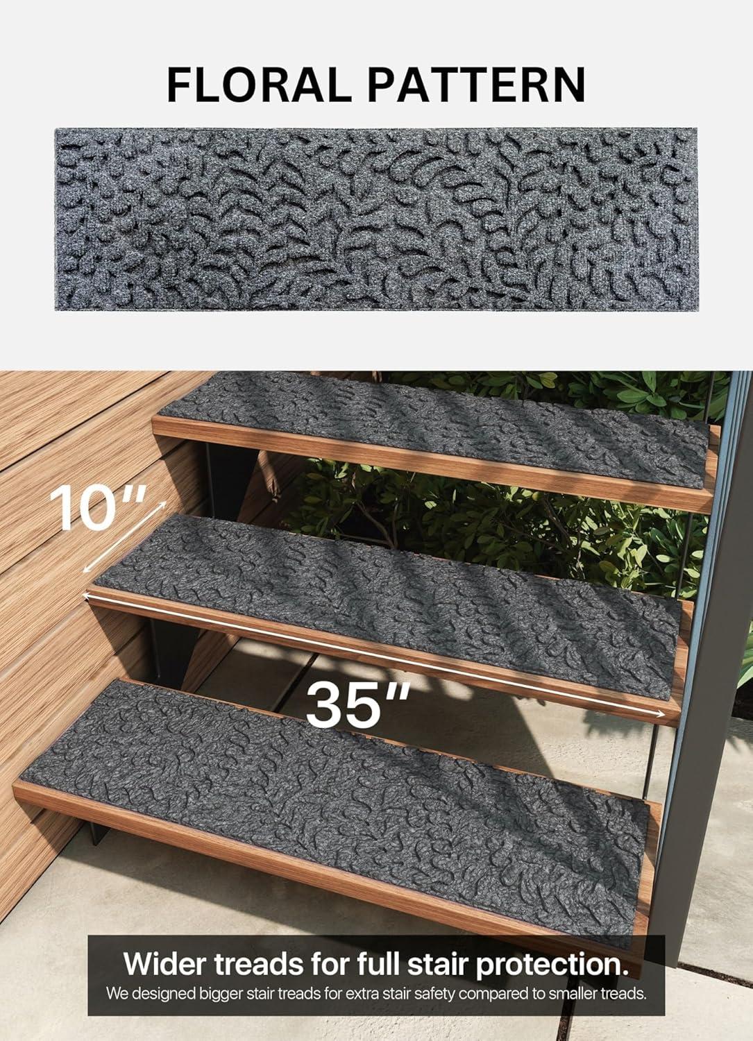 Gray Floral Non-Slip Rubber Backed Outdoor Stair Treads 35" x 10" (6-Pack)