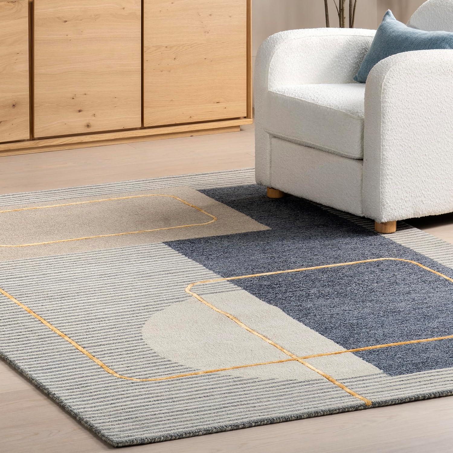 Blue and Gray Tufted Wool Striped Area Rug