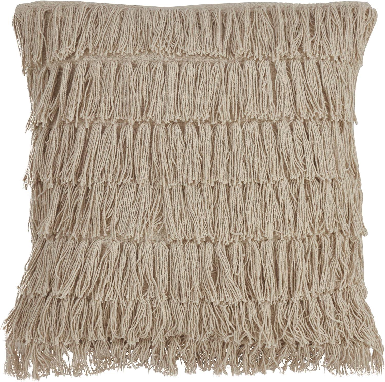 Beige Cotton Woven Fringes Square Throw Pillow