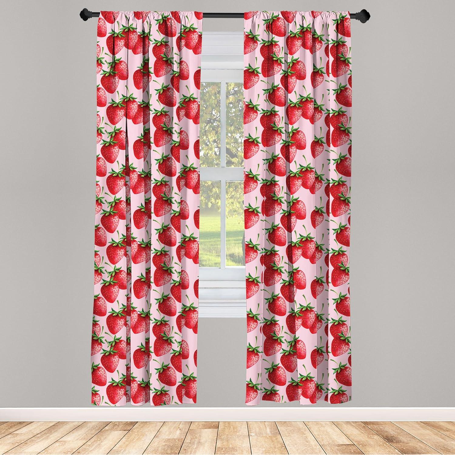 Ambesonne Fruit Curtains, Juicy Strawberries Summer, Pair of 28"x84", Green Pink Red