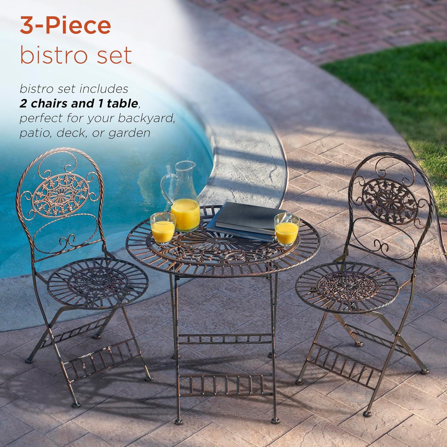 Alpine Corporation 3-Piece Metal Floral Outdoor Patio Bistro Set, Brown