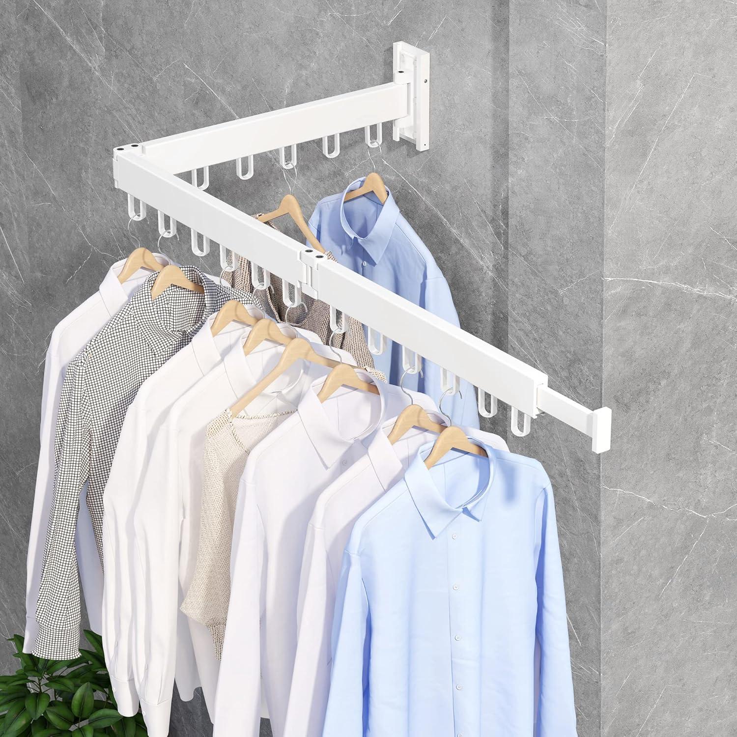 Dr.DJ Clothes Drying Rack for Laundry, Retractable Clothes Hanger Rack Wall Mounted Folding Indoor, Drying Rack, Space Saver Clothes Rack,Collapsible (Tri-Fold) with 18 J-Hooks Laundry Rack White