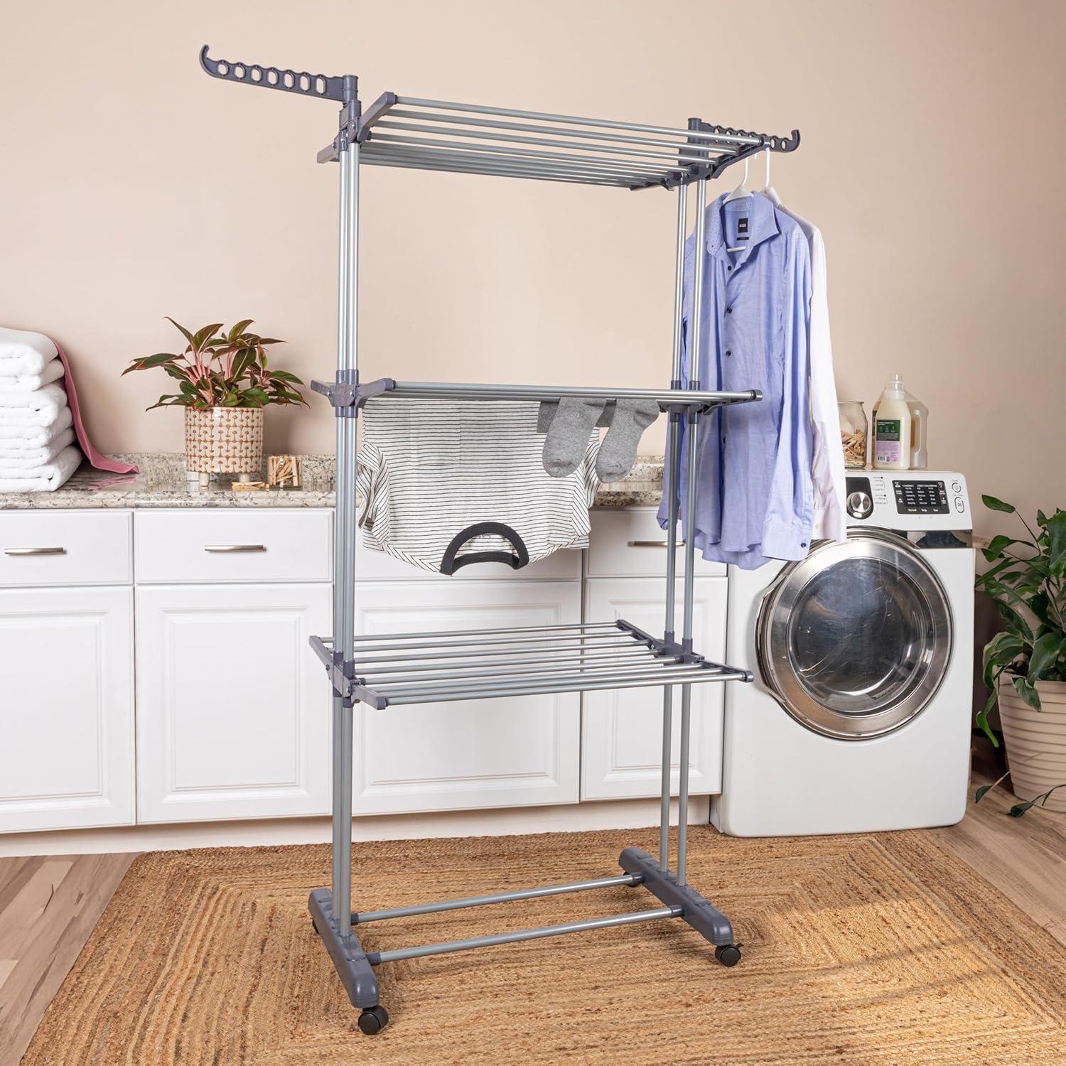 Household Essentials 4 Tier Stainless Steel Laundry Drying Rack with Two Side Wings, Grey