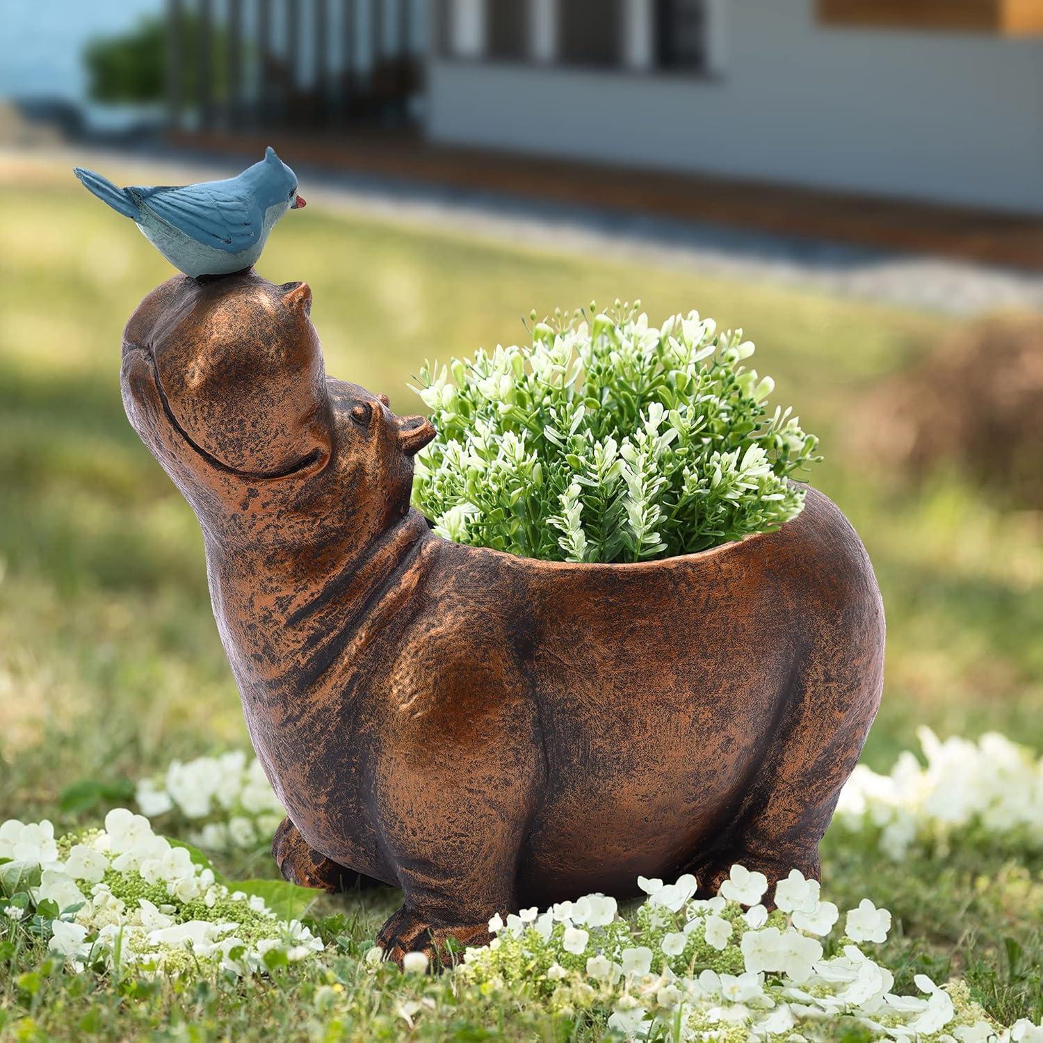 LuxenHome Brown Hippo and Blue Bird MgO Flower Pot Planter