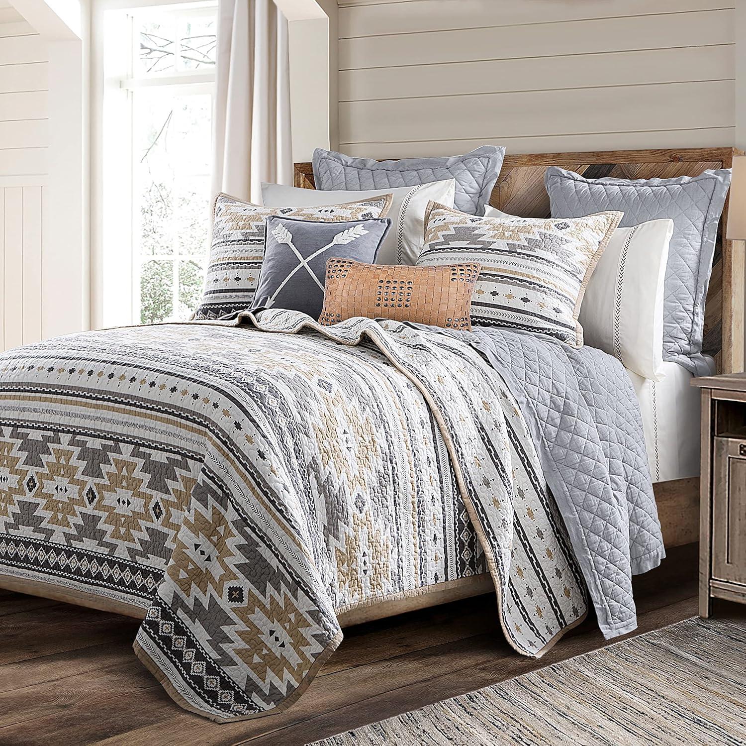 Paseo Road by HiEnd Accents Desert Sage Gray/Tan/White Aztec Print Cotton Southwestern Style Reversible Quilt Set