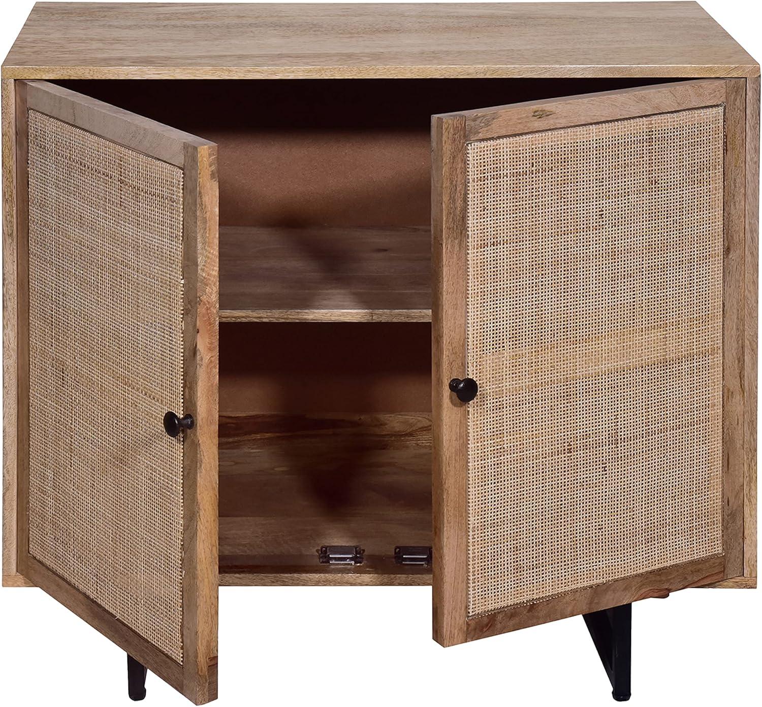 35 Inch Handcrafted Accent Cabinet with 2 Mesh Rattan Doors Black Iron Legs Natural Brown Mango Wood Frame - Saltoro