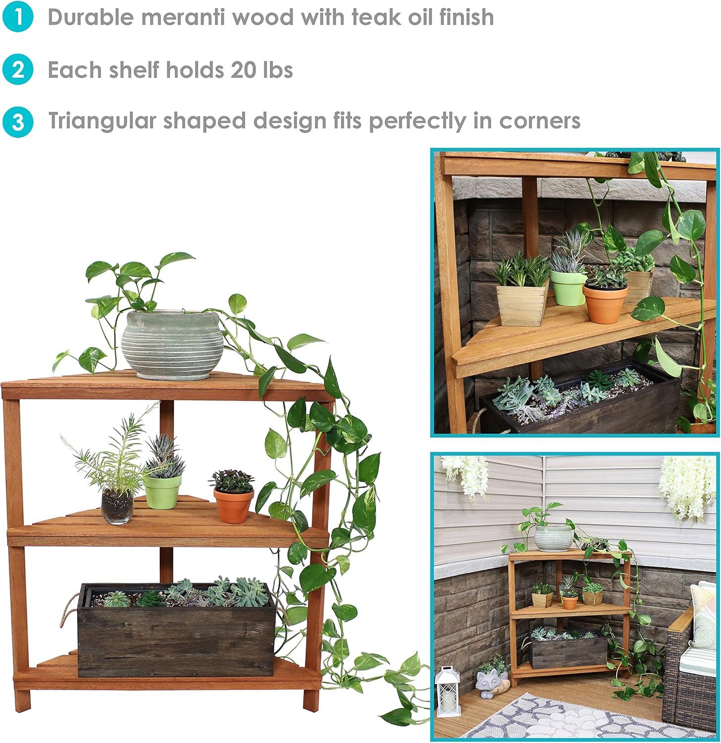 Sunnydaze Indoor/Outdoor Meranti Wood with Teak Oil Finish 3-Tiered Corner Flower Plant Stand Shelf Display - 36" - Brown