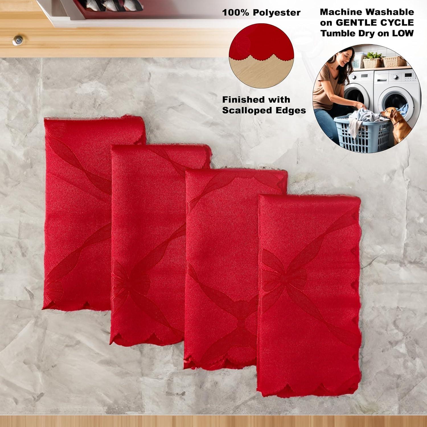 Christmas Holiday Red Ribbons and Bows Damask Set of 4 Fabric Napkins