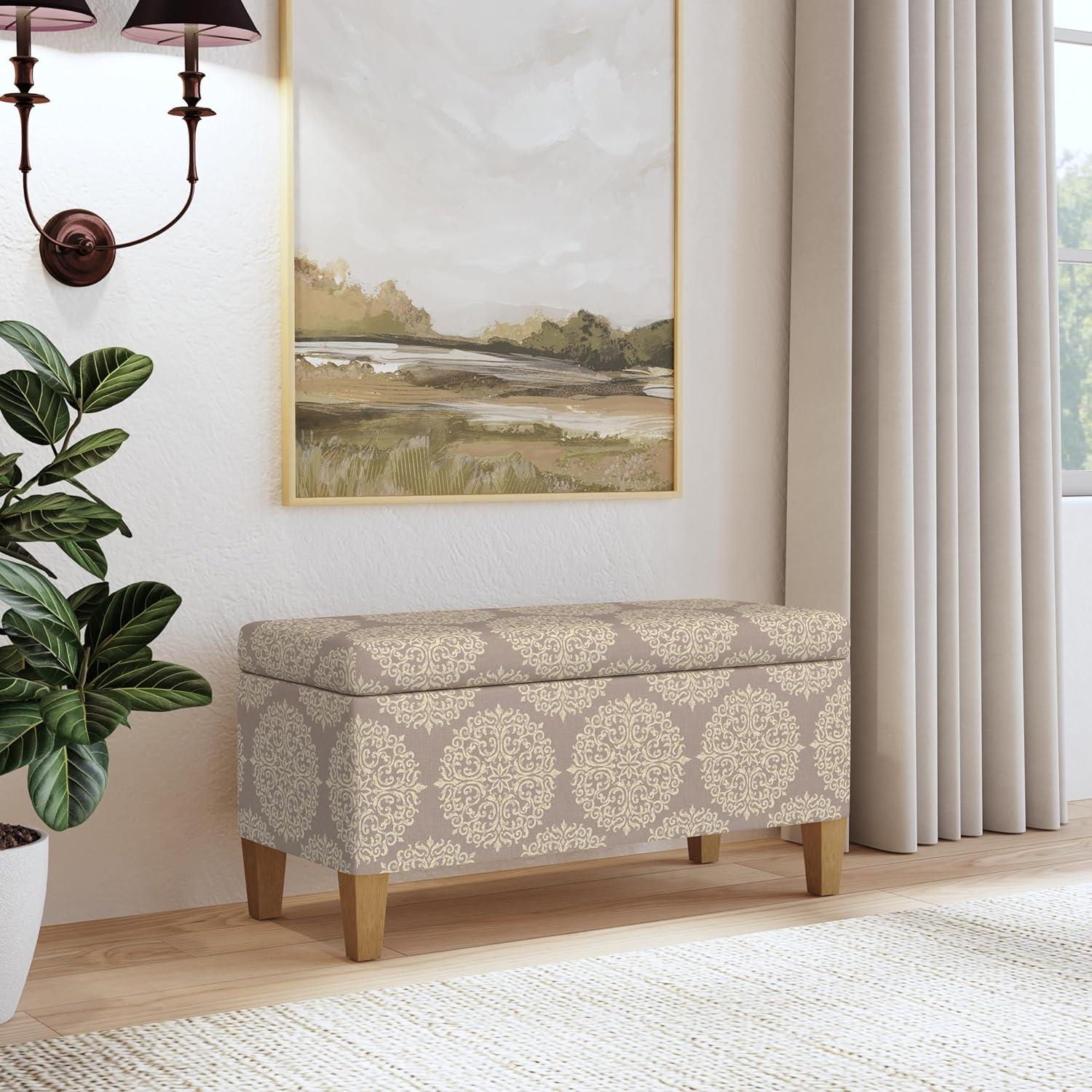 Large Brown Medallion Print Storage Bench with Wood Legs