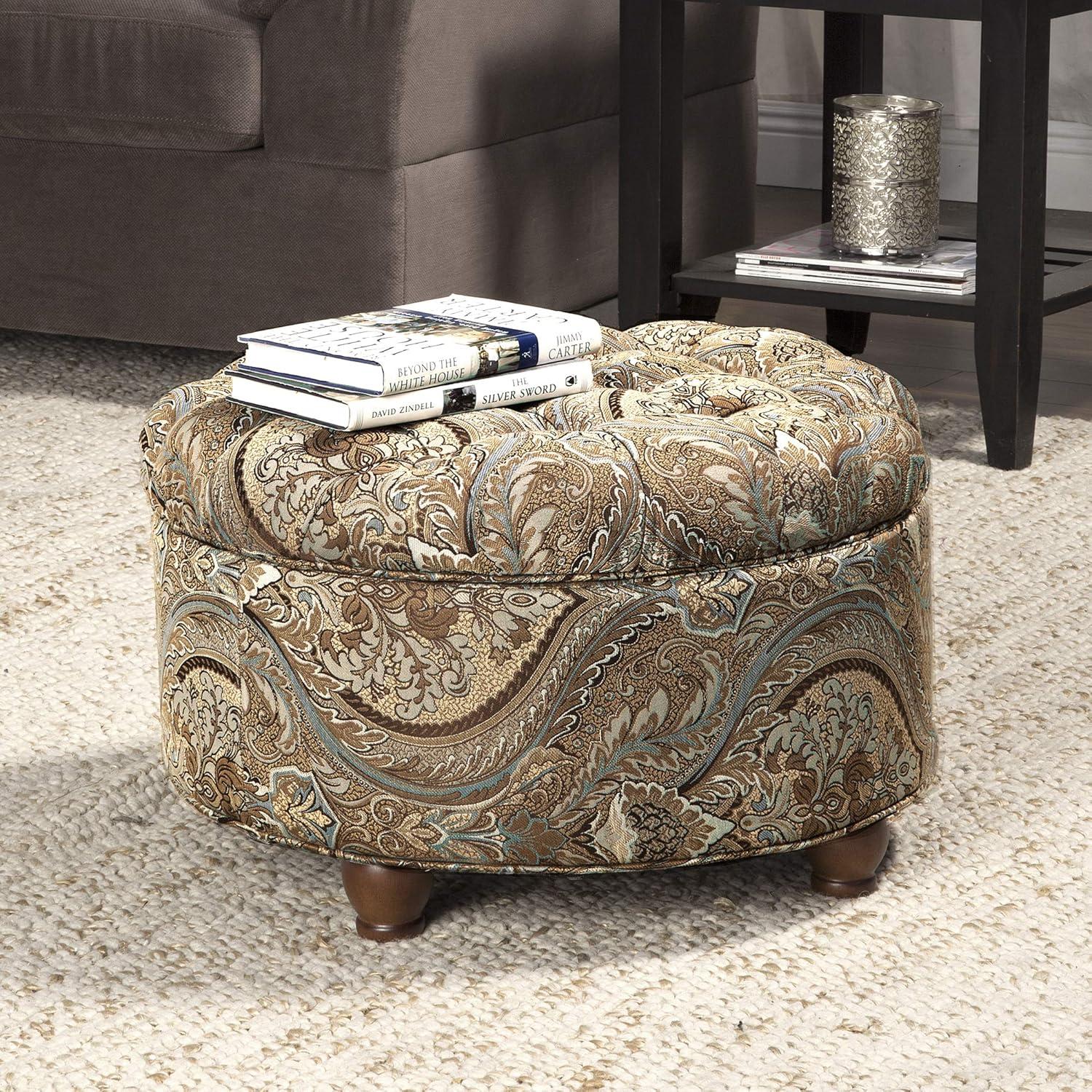 Brown and Teal Paisley Tufted Round Storage Ottoman