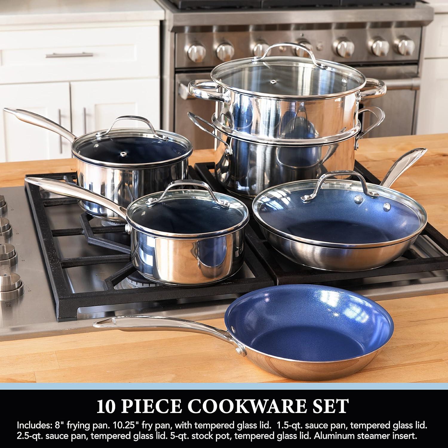 Granitestone Blue 10-Piece Nonstick Stainless Steel Cookware Set