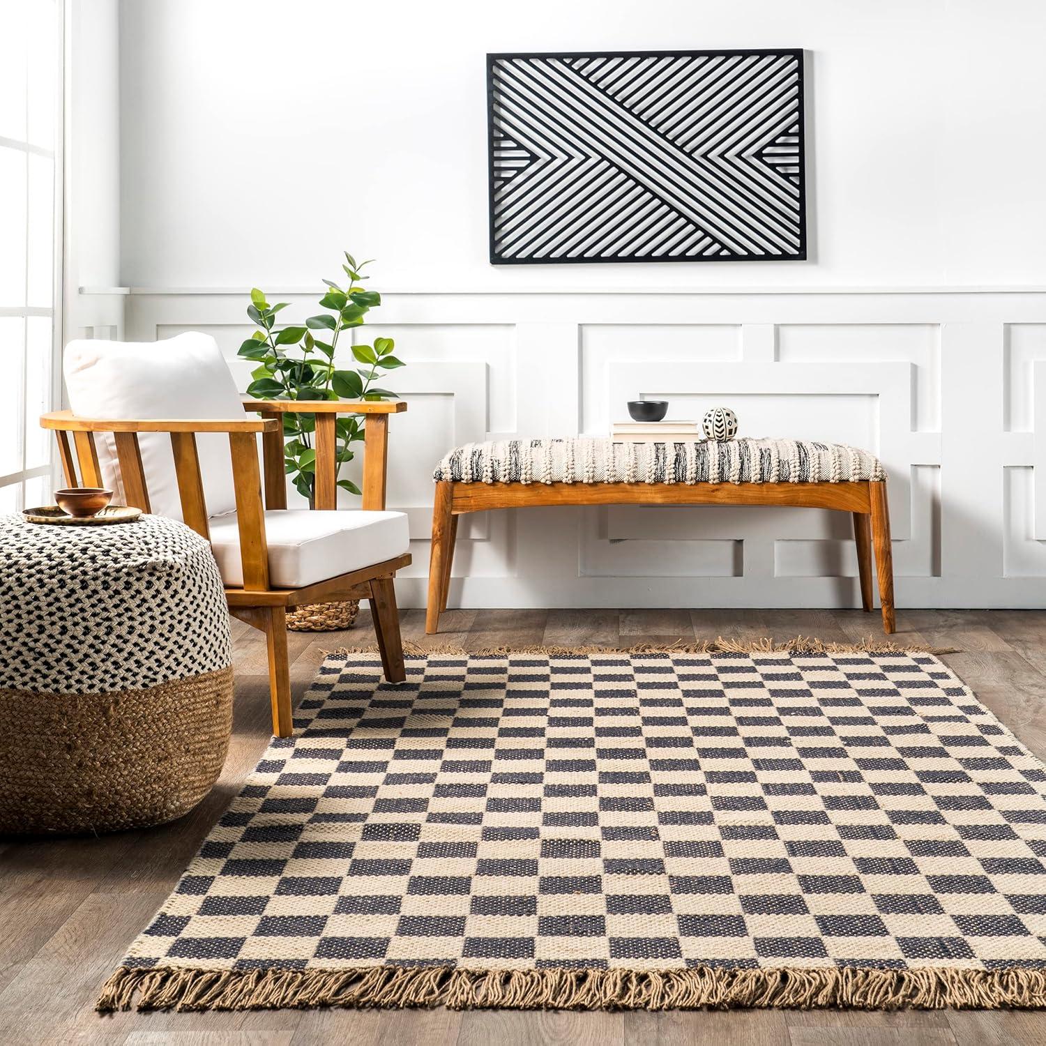 Gray Geometric Wool and Jute Checkered 3x5 Area Rug