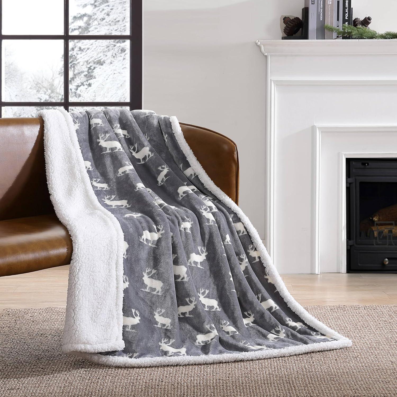 50"x60" Elk Stance Throw Blanket Gray - Eddie Bauer: Soft Fleece, Reversible Shearling, Travel-Friendly, Gift-Ready