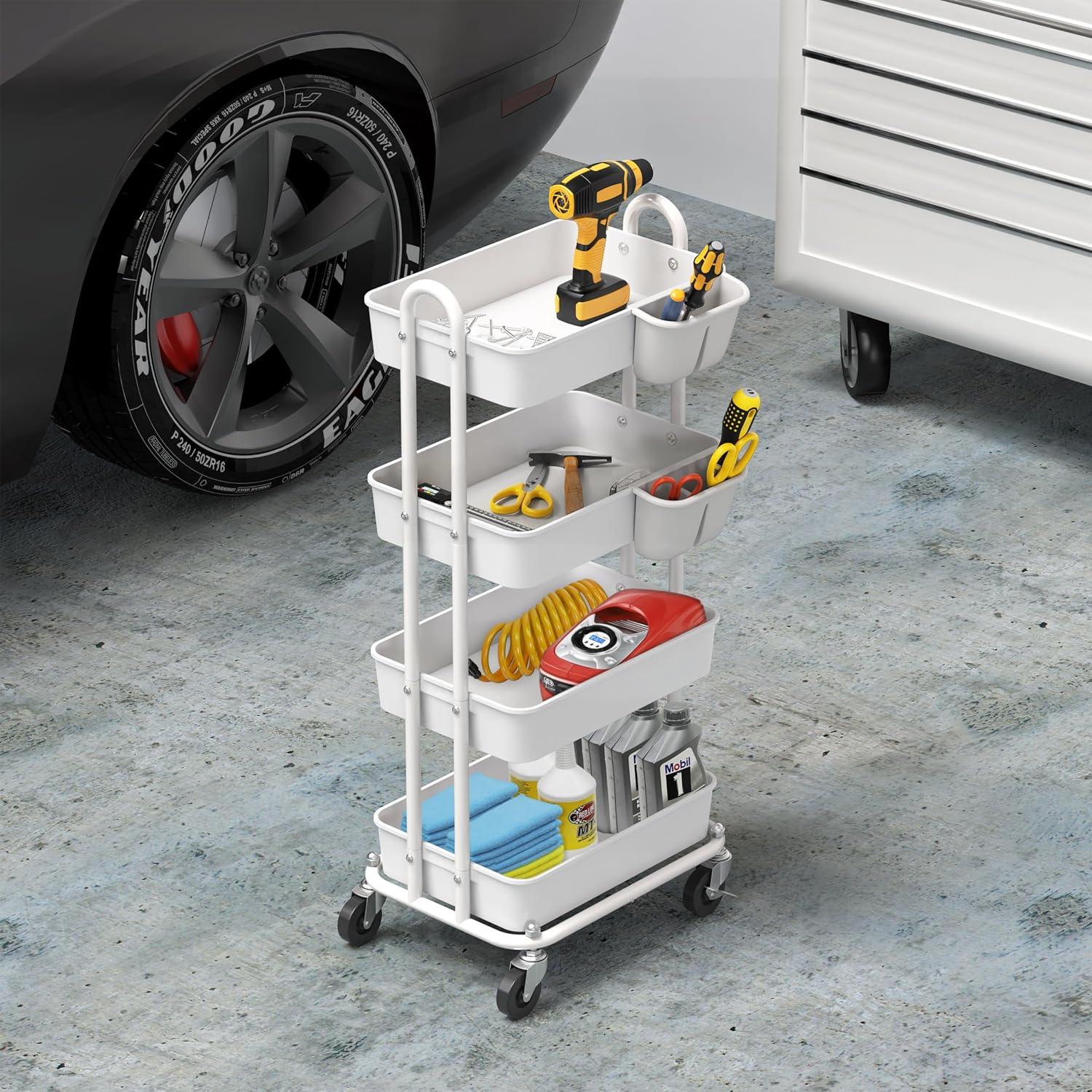 White Metal 4-Tier Utility Rolling Cart with Swivel Casters