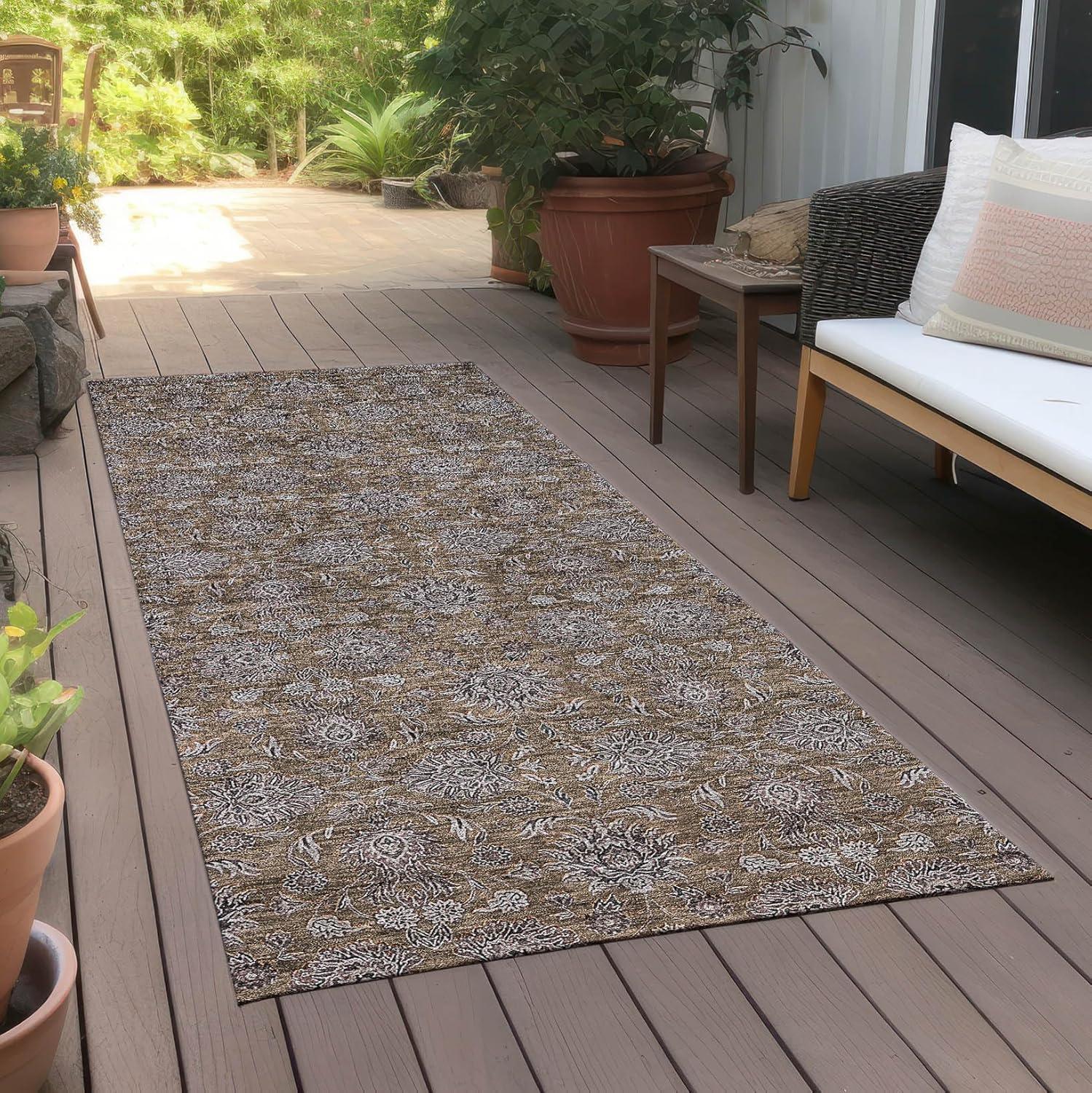 Chocolate Floral Synthetic Indoor/Outdoor Runner Rug